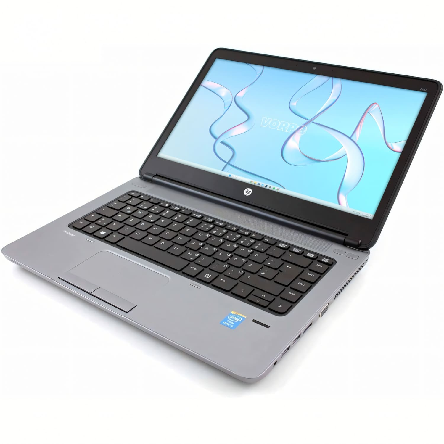 Un portátil HP ProBook gris abierto con fondo azul y texto.