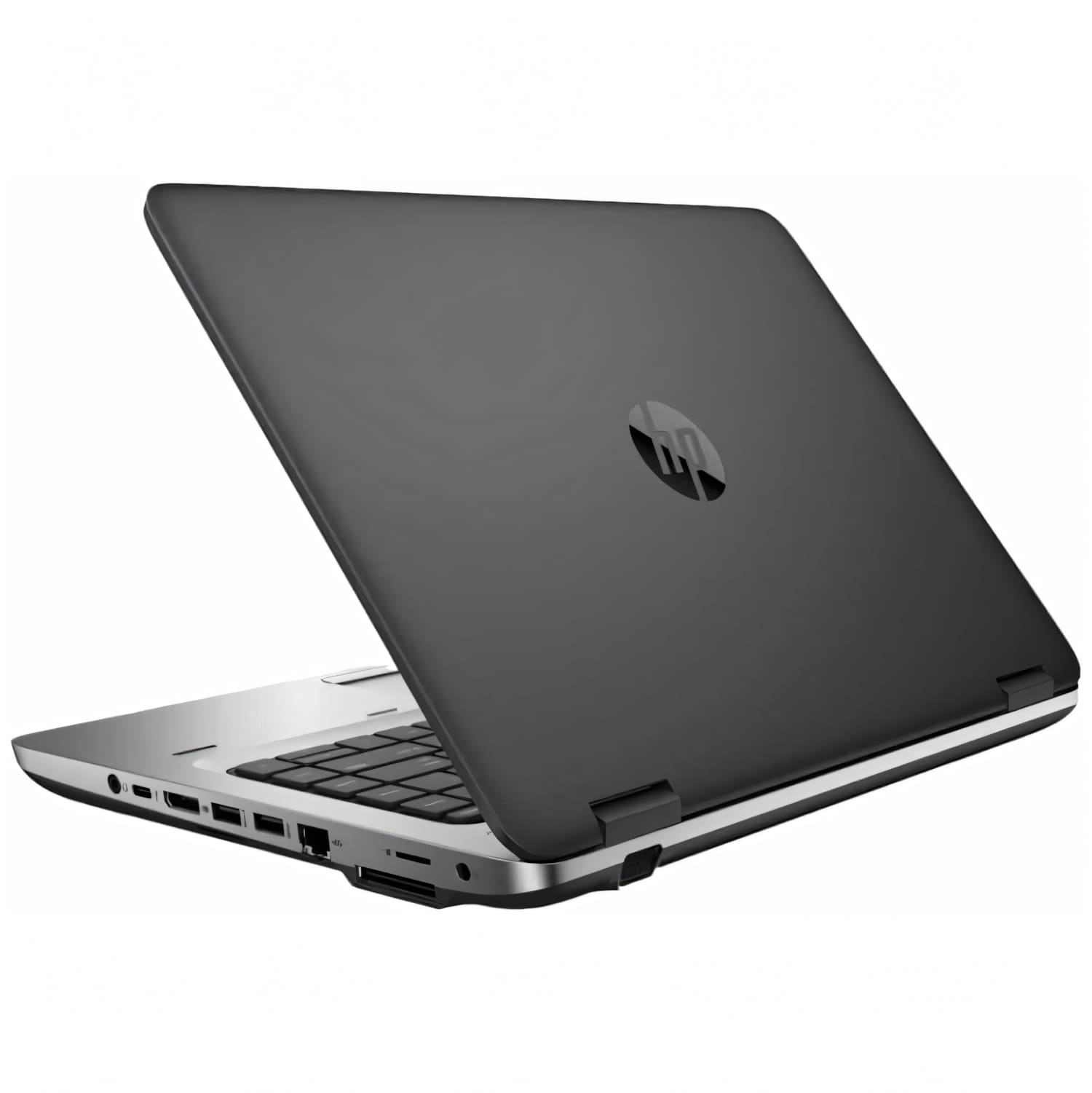 Un portátil HP negro cerrado con base y teclado plateados.