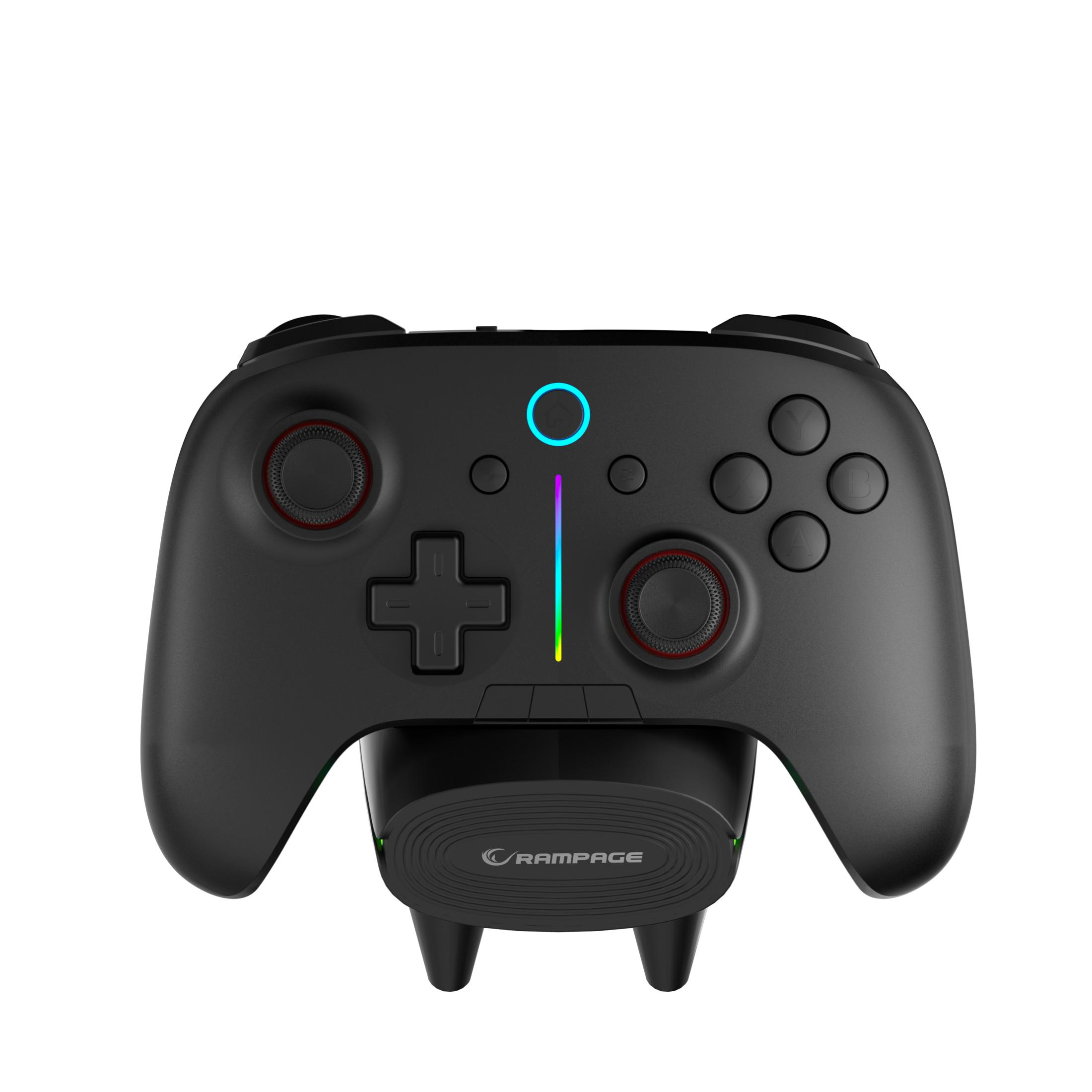 Controller di gioco nero con luci colorate su base di ricarica con logo Rampage.