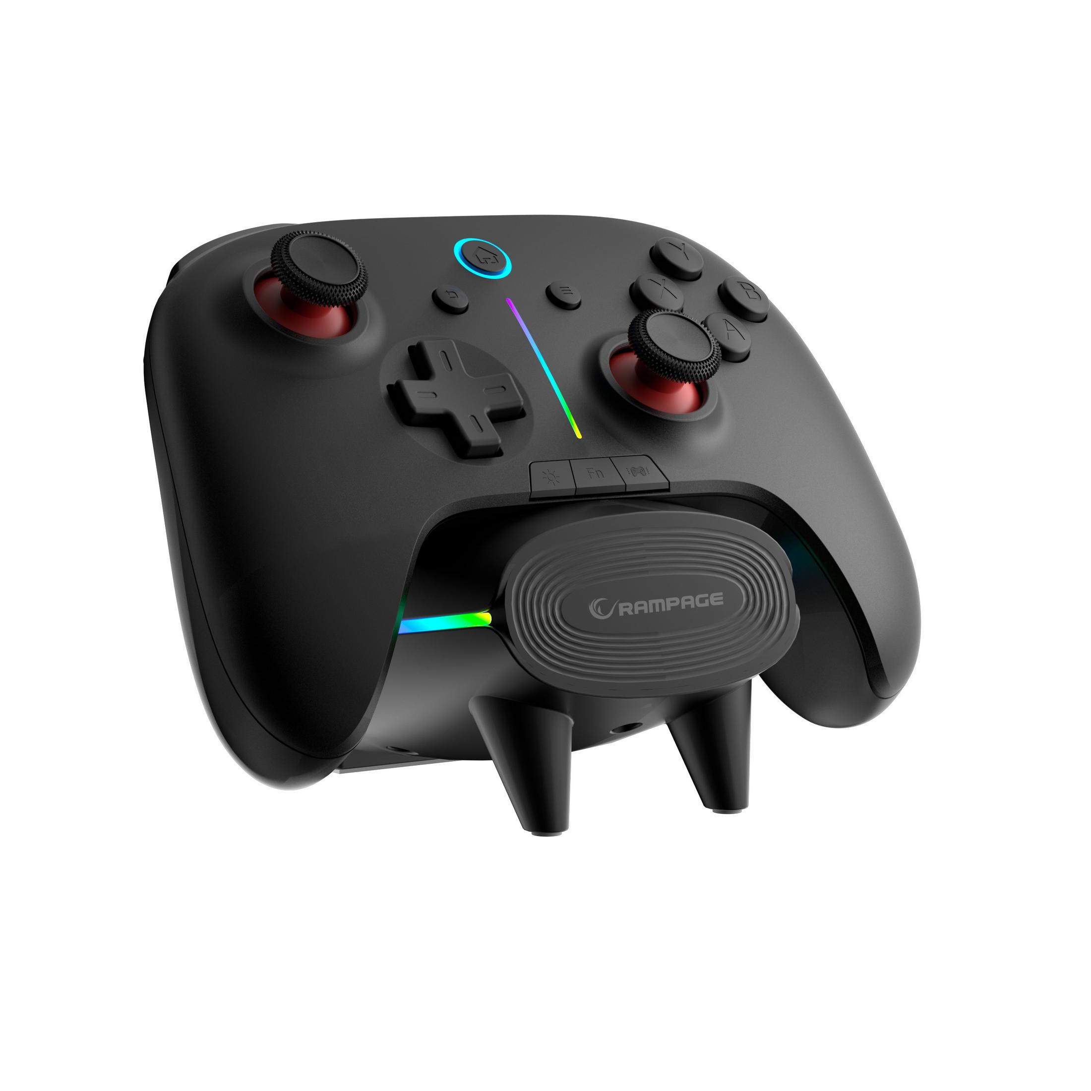 Controller da gioco nero con luci colorate e logo Rampage.