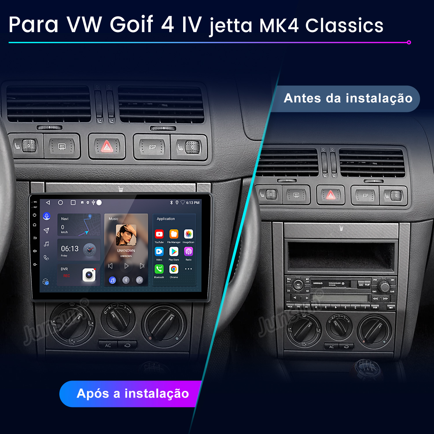 Comparación de dos radios de coche VW: Antes con radio vieja, después con nuevo sistema táctil.