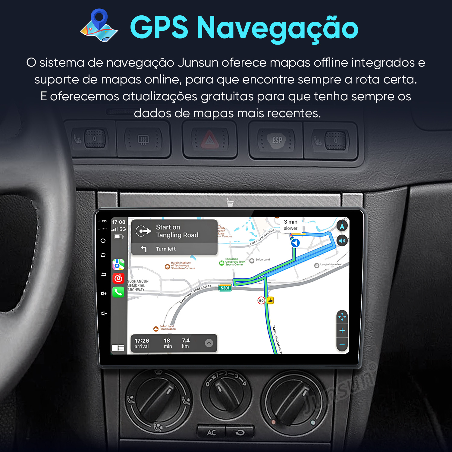 Salpicadero de coche con pantalla de navegación GPS mostrando una ruta.