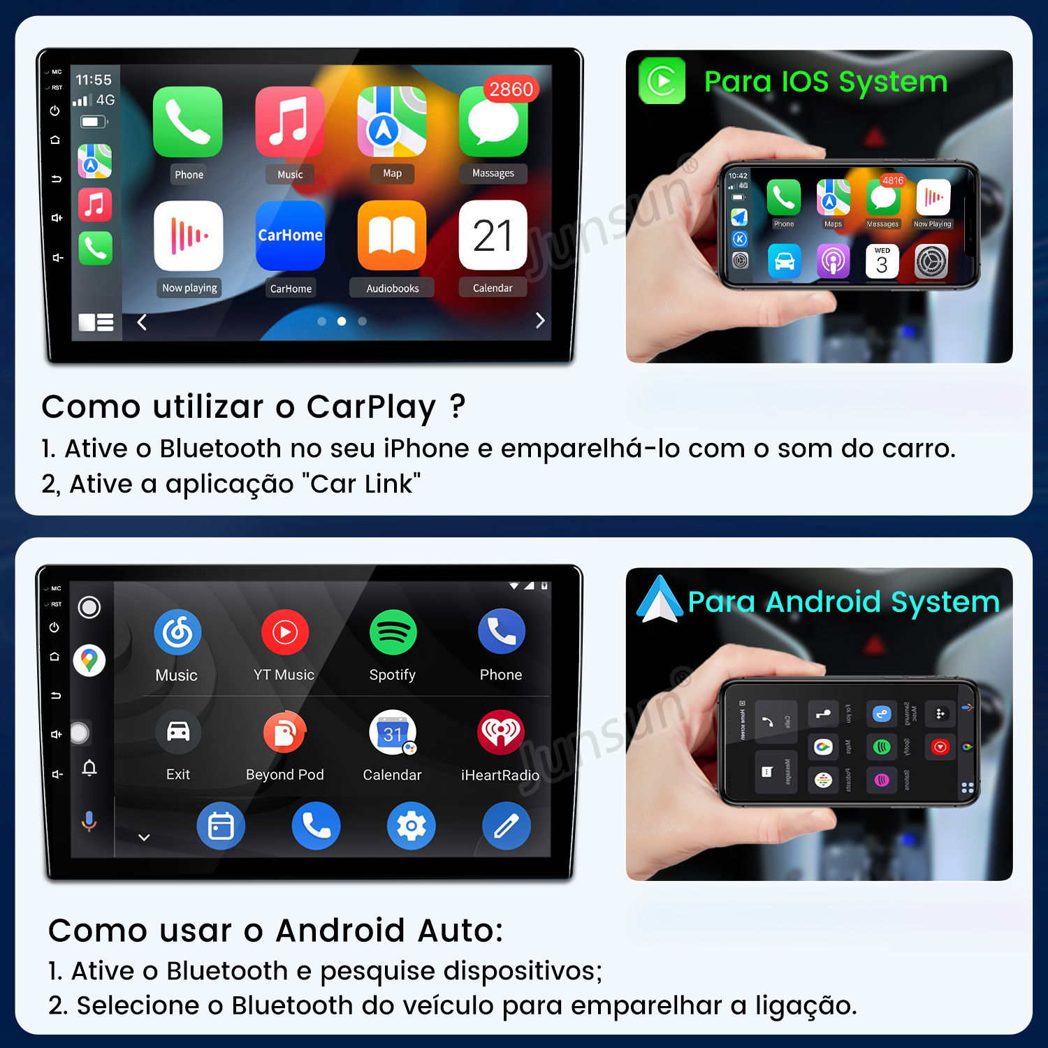 Pantalla con íconos e instrucciones de CarPlay y Android Auto.