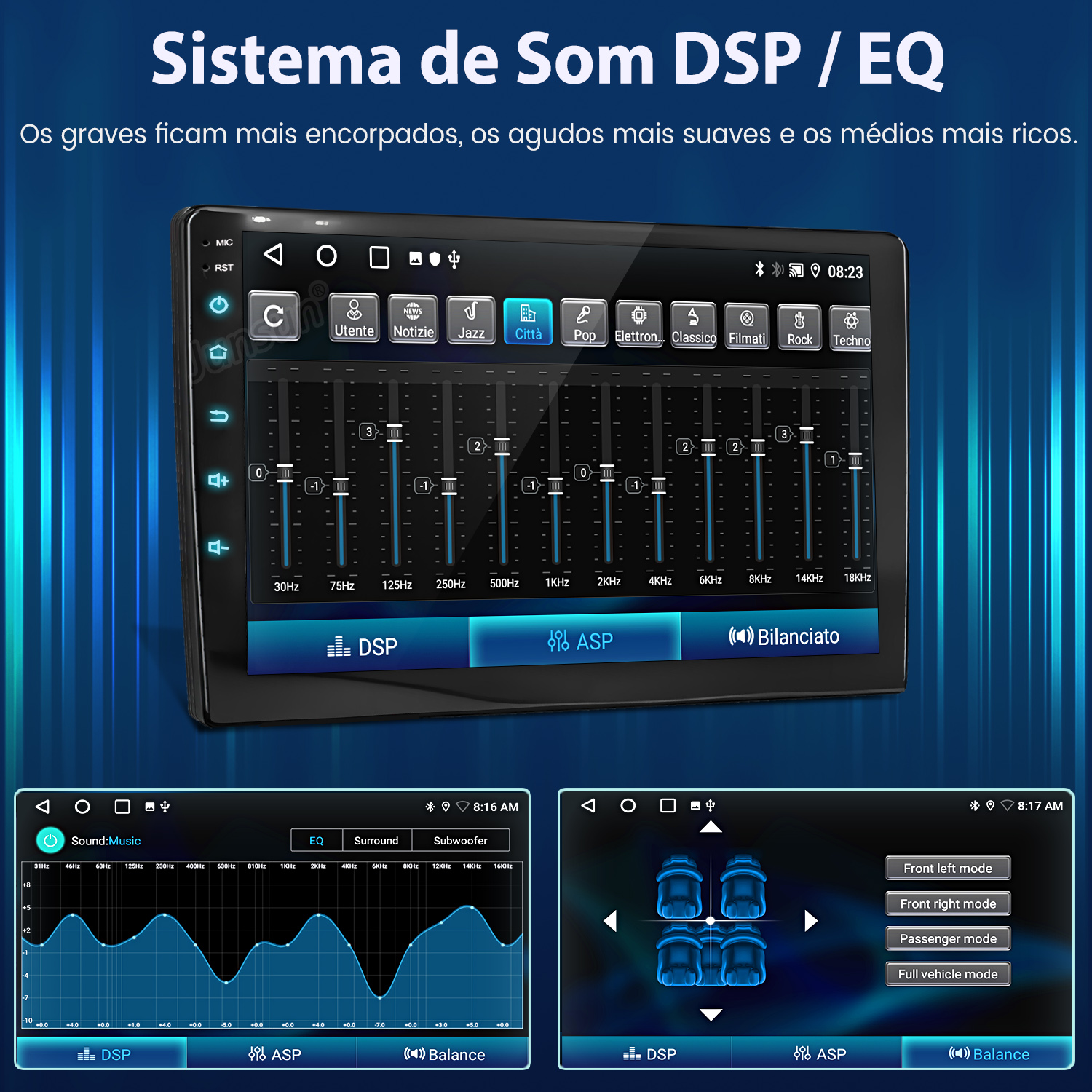 Pantalla de radio de coche mostrando ecualizador y modos de sonido.