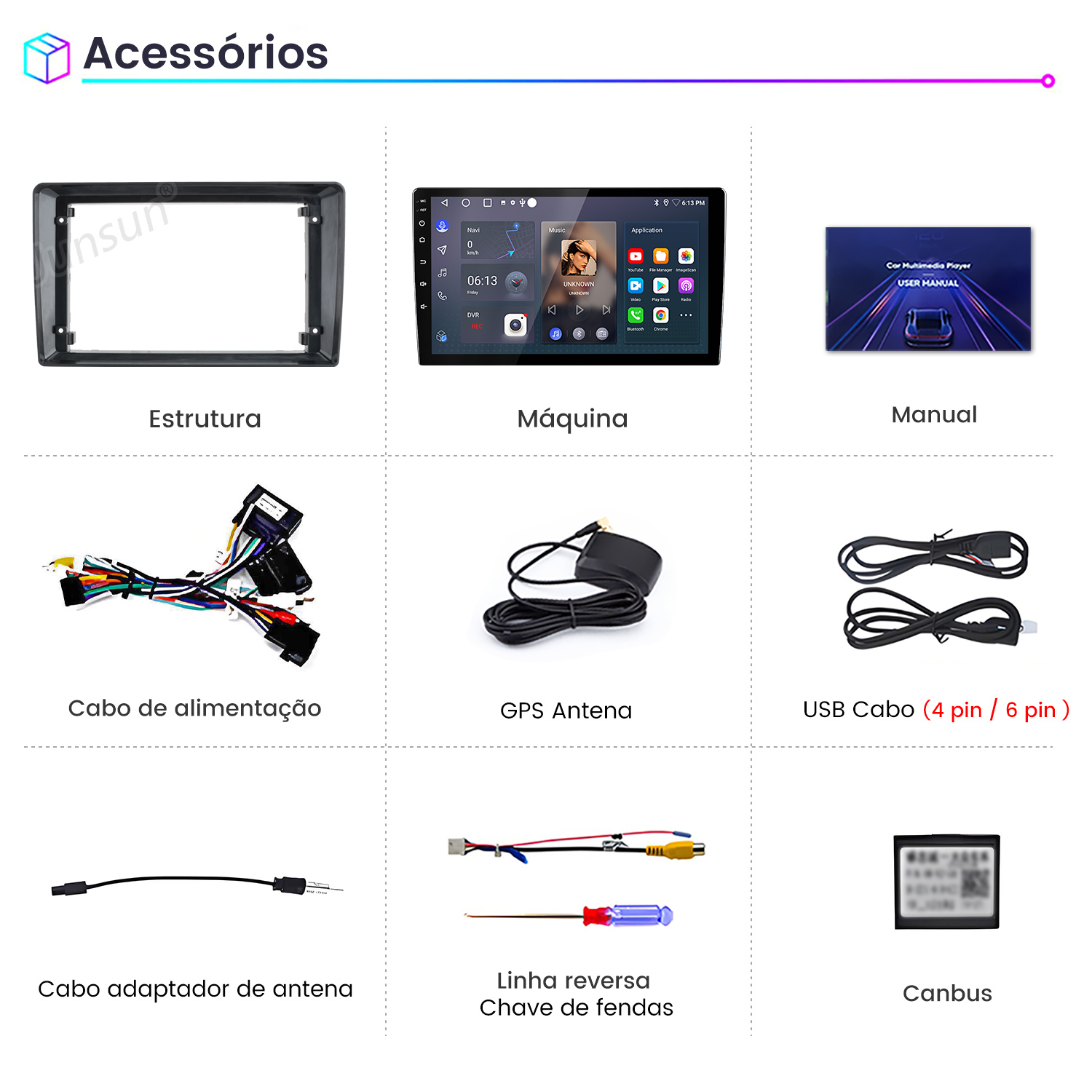 Diseño de accesorios para autorradio con marco, pantalla, manual, cables y adaptadores.