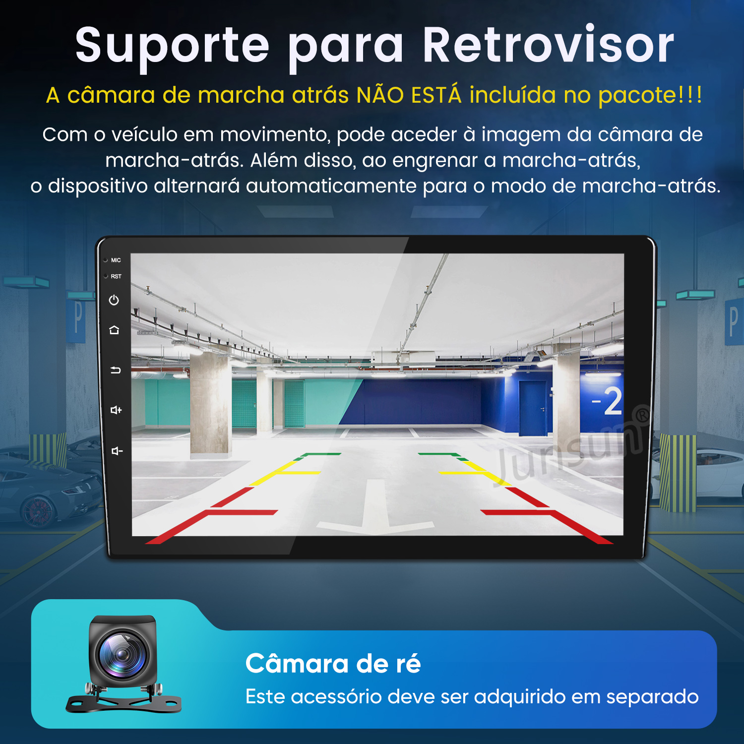 Pantalla de cámara de marcha atrás en garaje con líneas y coches.