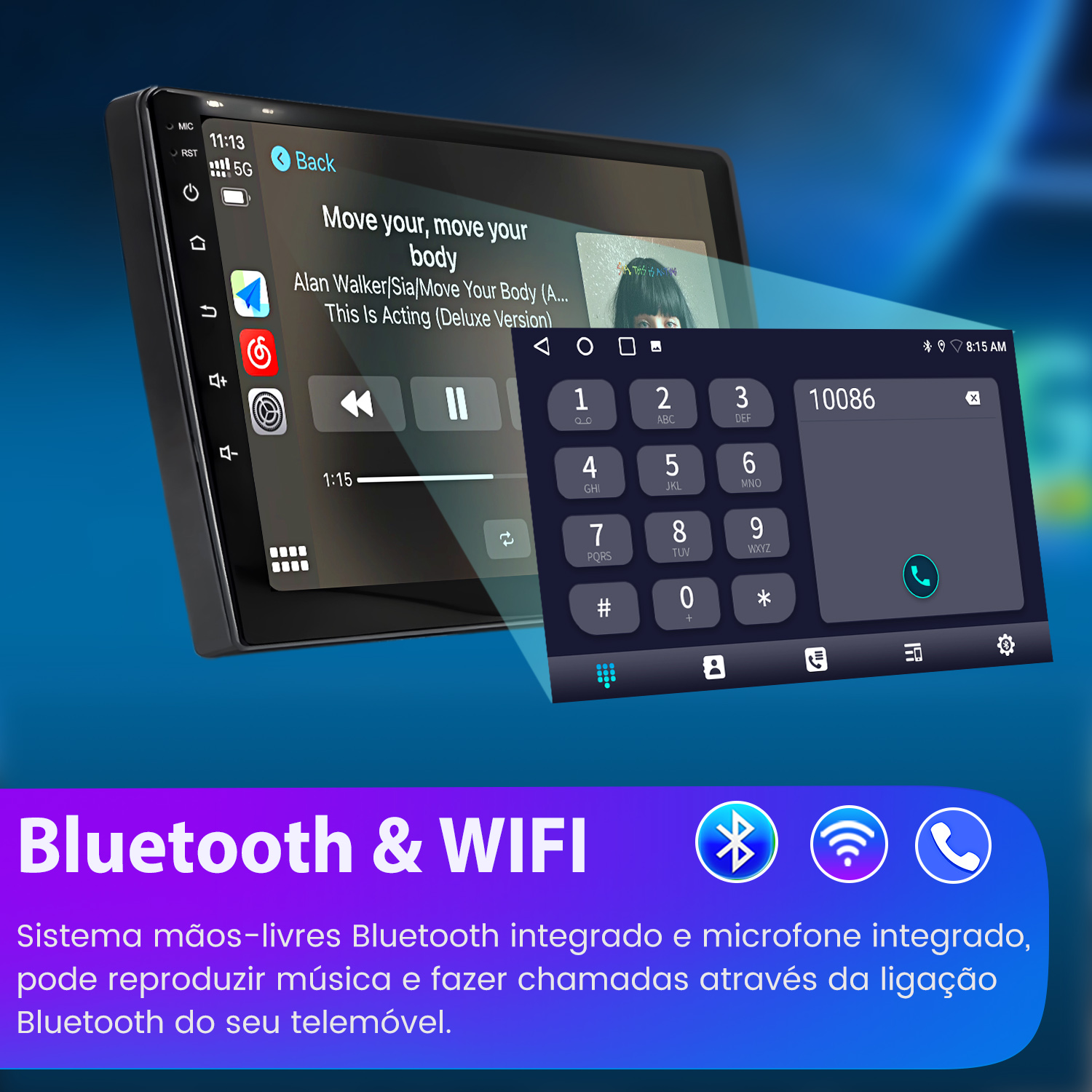 Radio de coche muestra música y teclado numérico. Abajo dice "Bluetooth & WIFI".