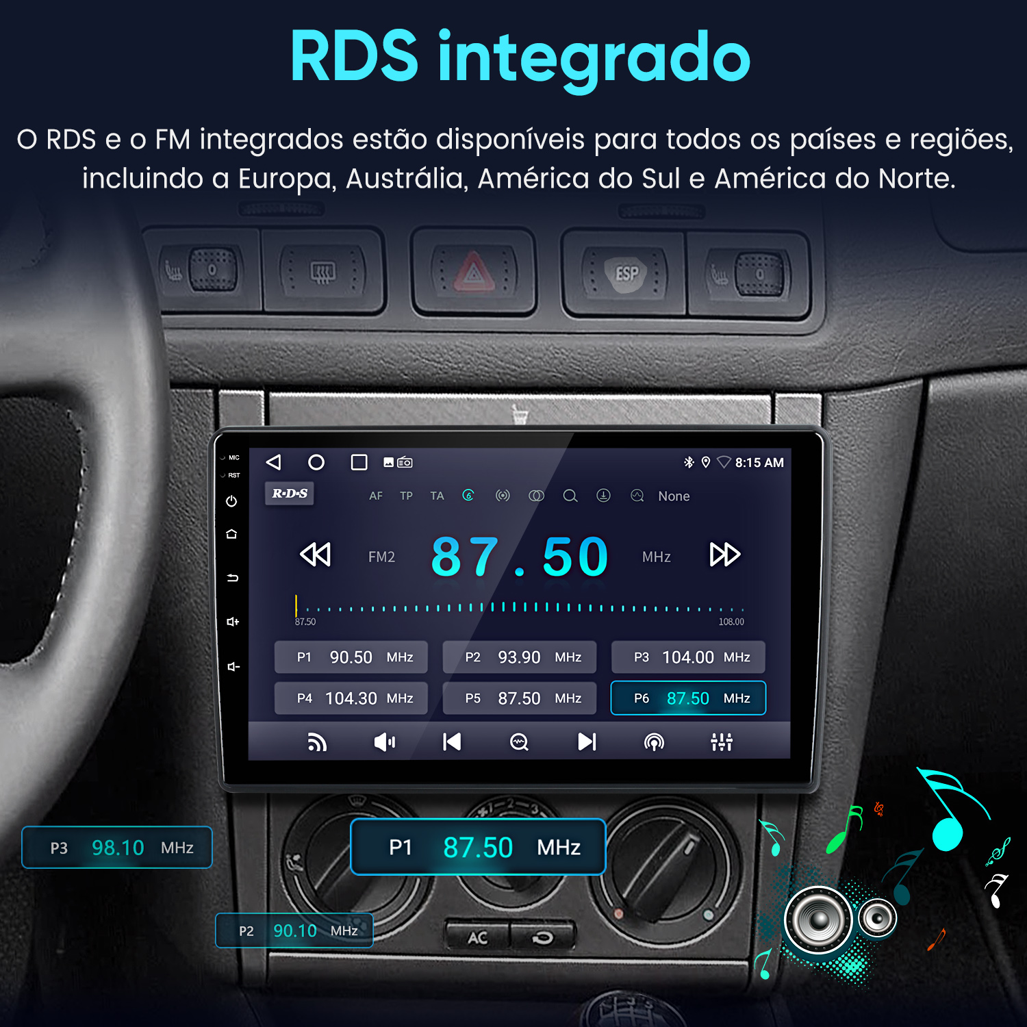 Una pantalla de radio de coche muestra emisoras RDS y FM. Son visibles frecuencias como 87.50 MHz.