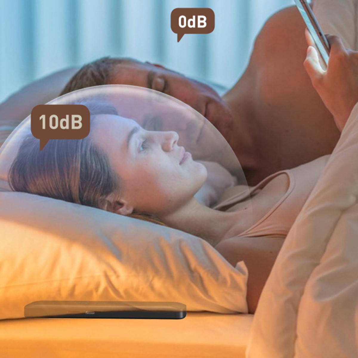 Kobieta śpi w łóżku, mężczyzna używa telefonu, poziomy hałasu 10dB/0dB.