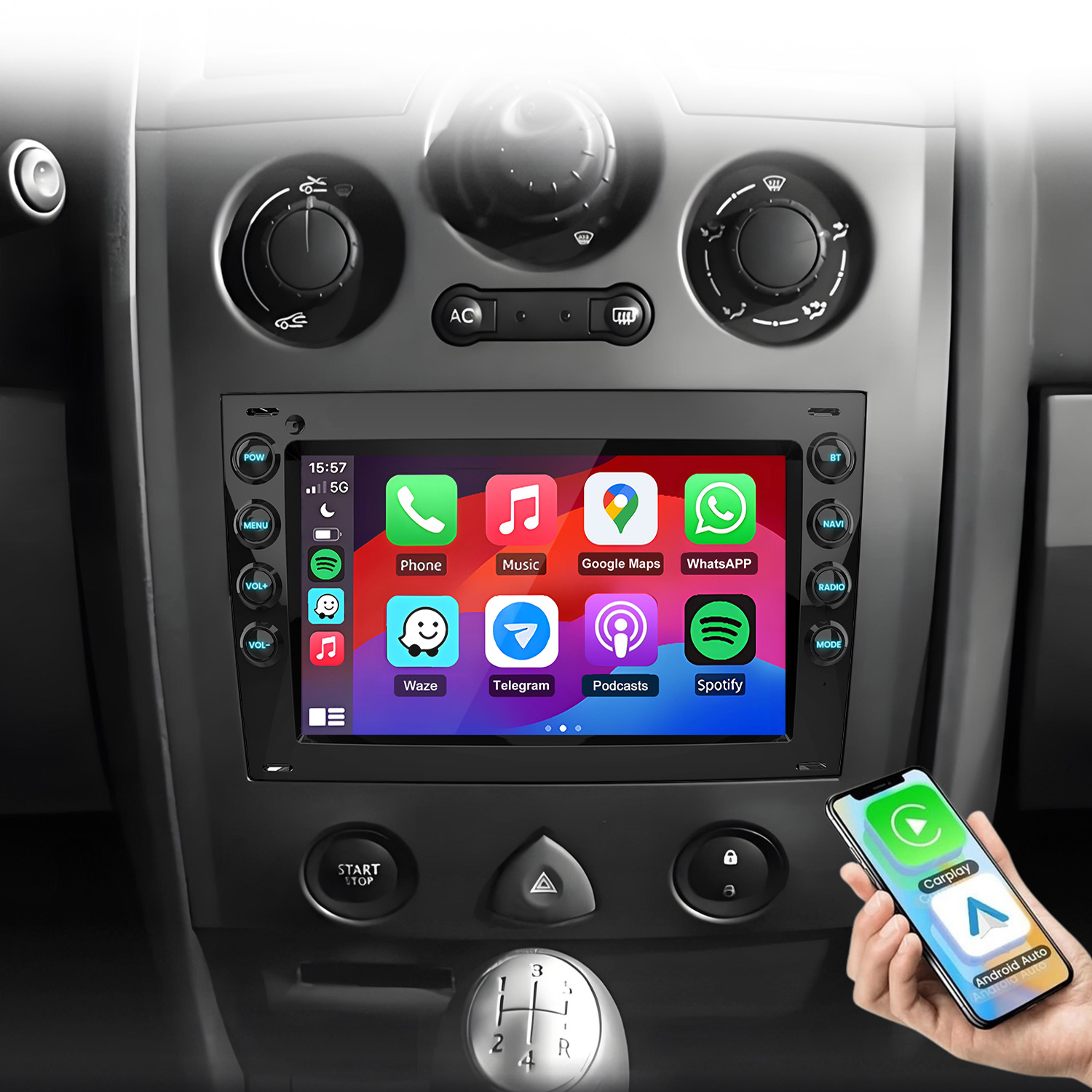 Smartfon wyświetlający interfejsy CarPlay i Android Auto trzymany jest obok ekranu multimedialnego samochodu.