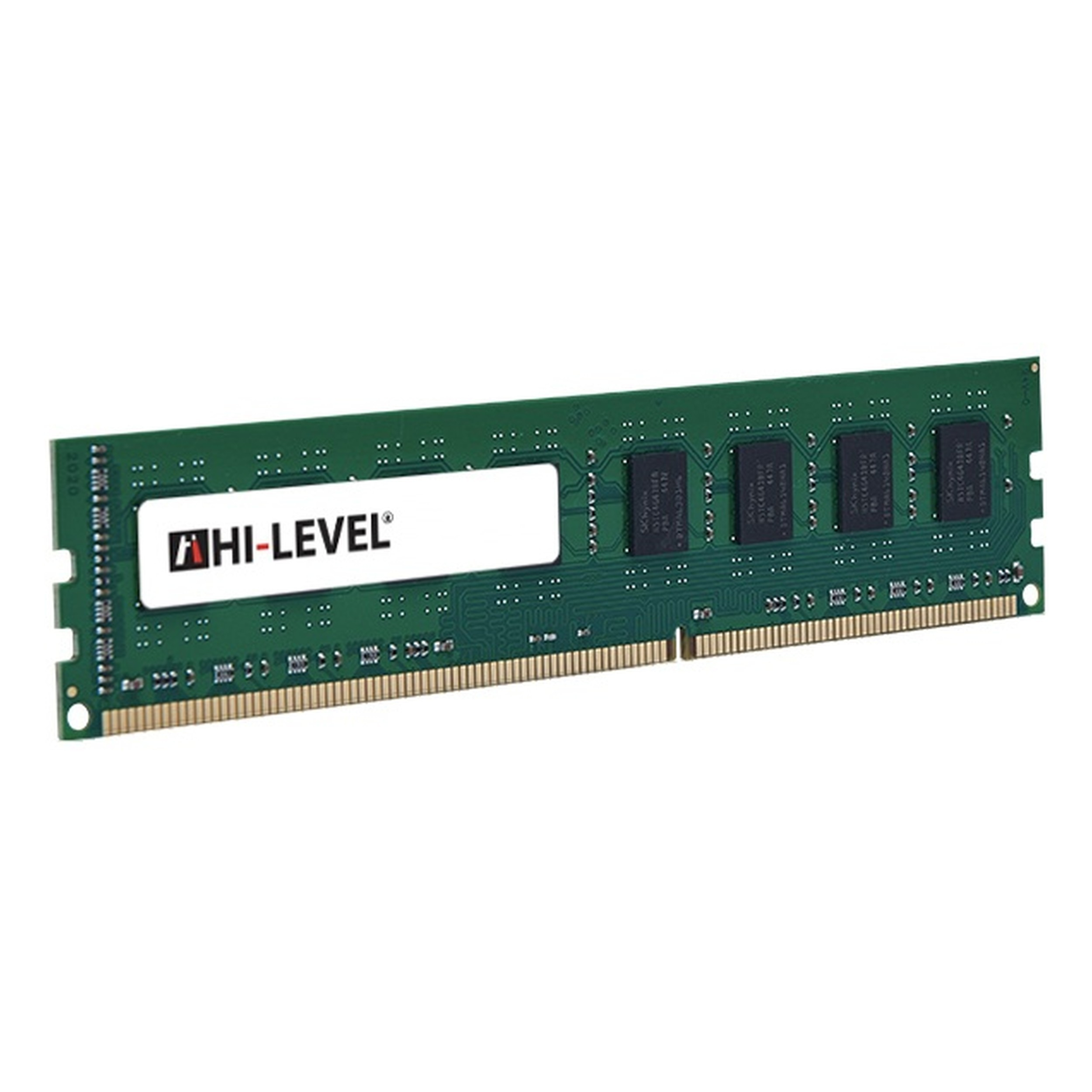 Üzerinde "HI-LEVEL" yazan beyaz etiketli yeşil bilgisayar RAM modülü.