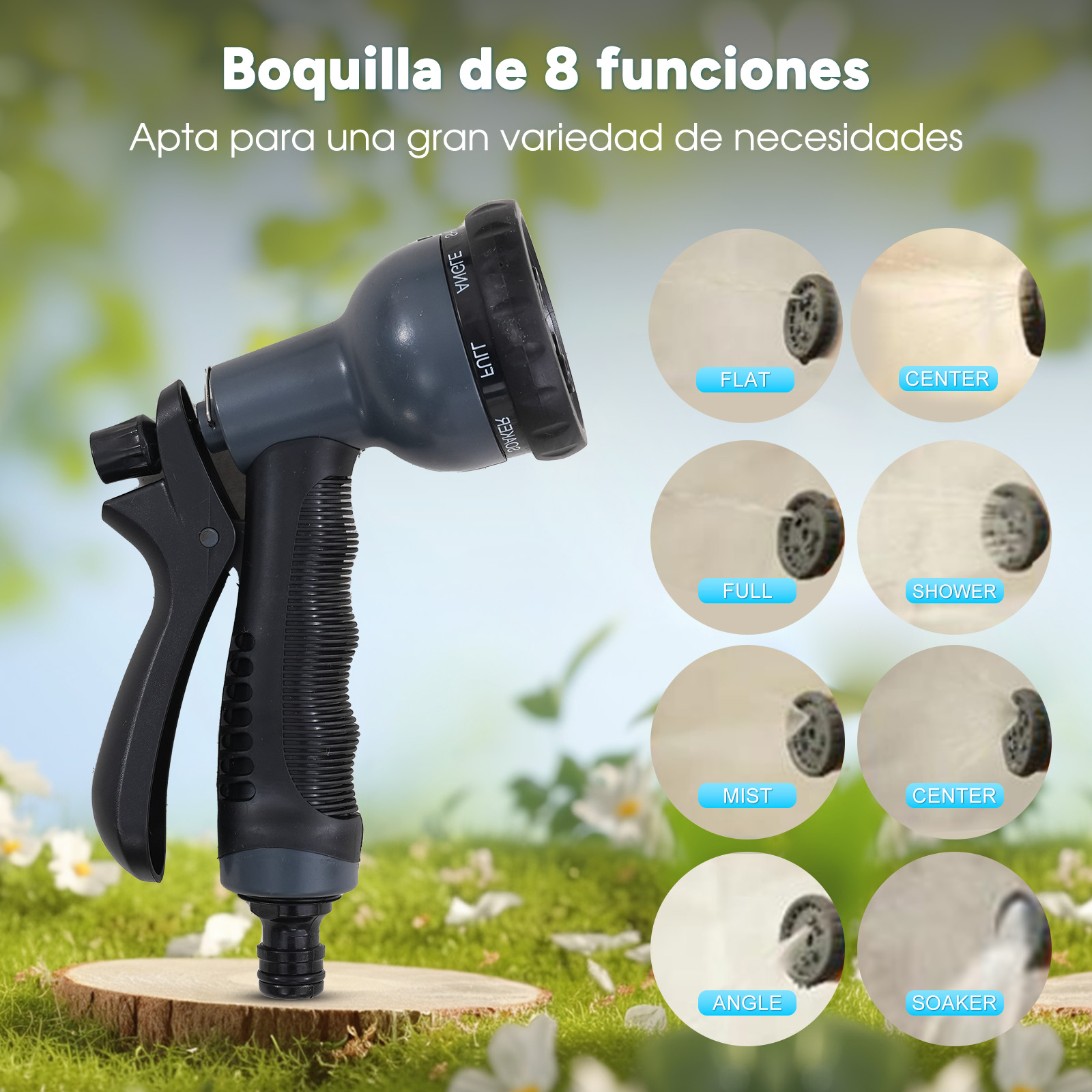 Pistola de pulverización gris de 8 funciones sobre un soporte de madera, con vistas de patrones.