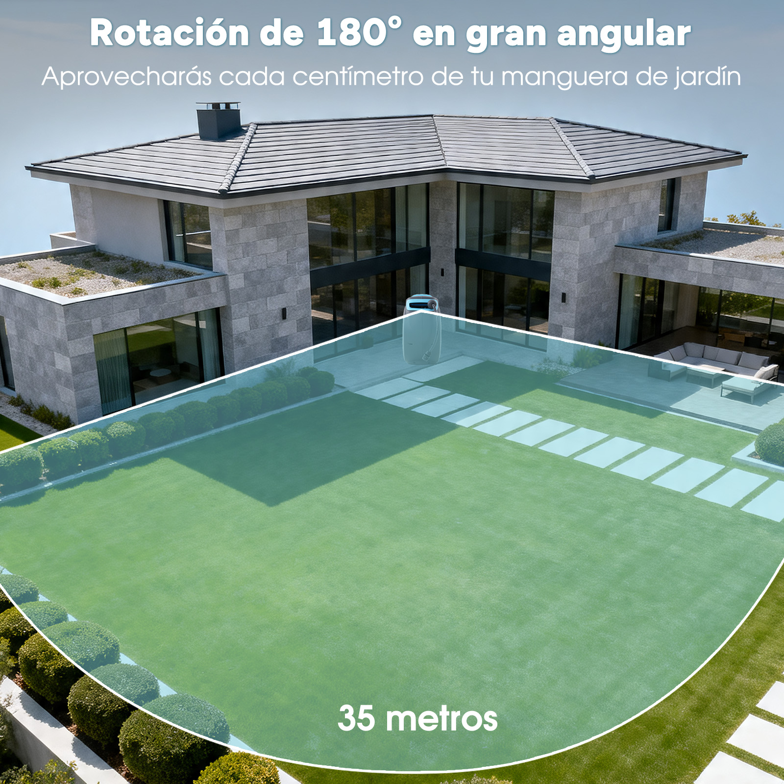 Una casa moderna con jardín y alcance de riego de 35 metros.
