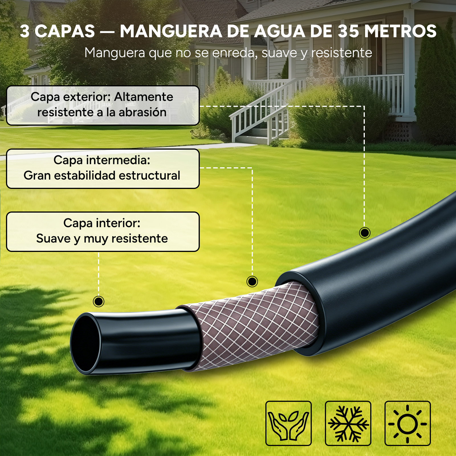 Manguera negra de 3 capas sobre césped verde con casa al fondo.