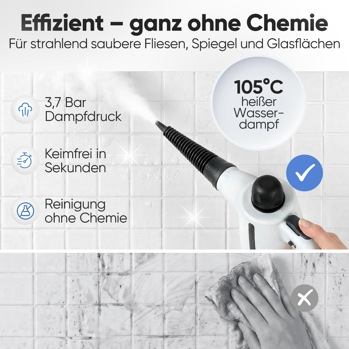 Dampfreiniger mit 105°C heißem Dampf reinigt Fliesen und Glasflächen effizient und keimfrei.