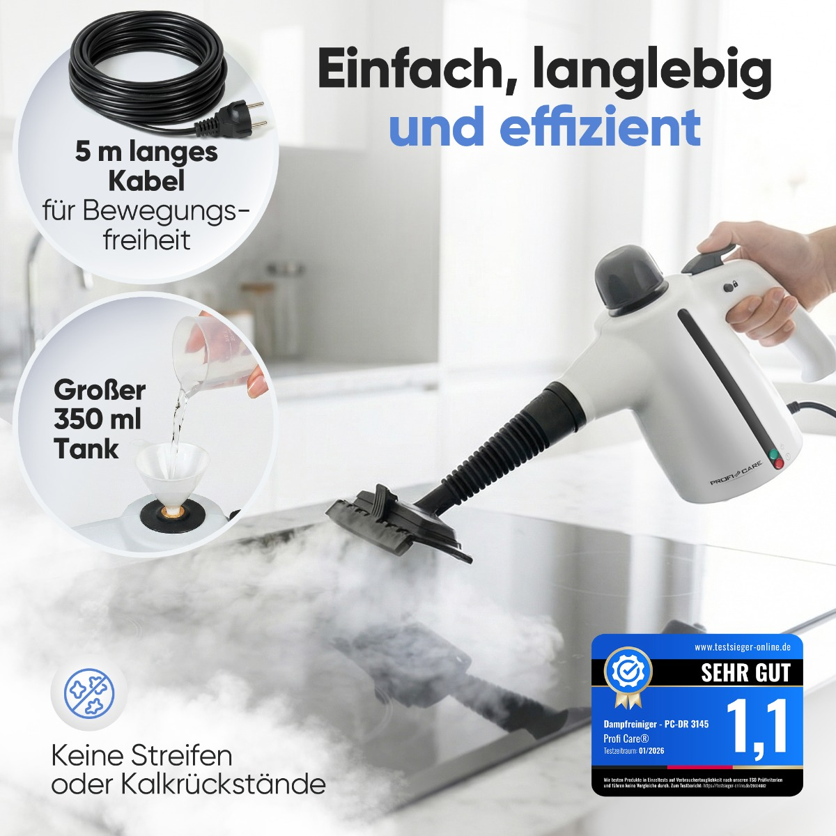 Dampfreiniger mit 5m Kabel, 350ml Tank, reinigt streifen- und kalkfrei.