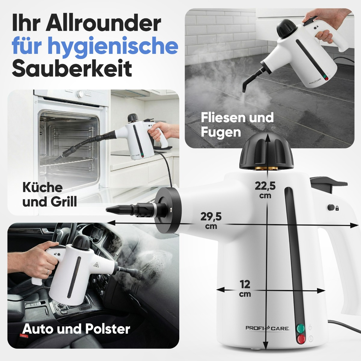 Ein weißer Dampfreiniger wird gezeigt, der in Küche, Auto und auf Fliesen verwendet wird.