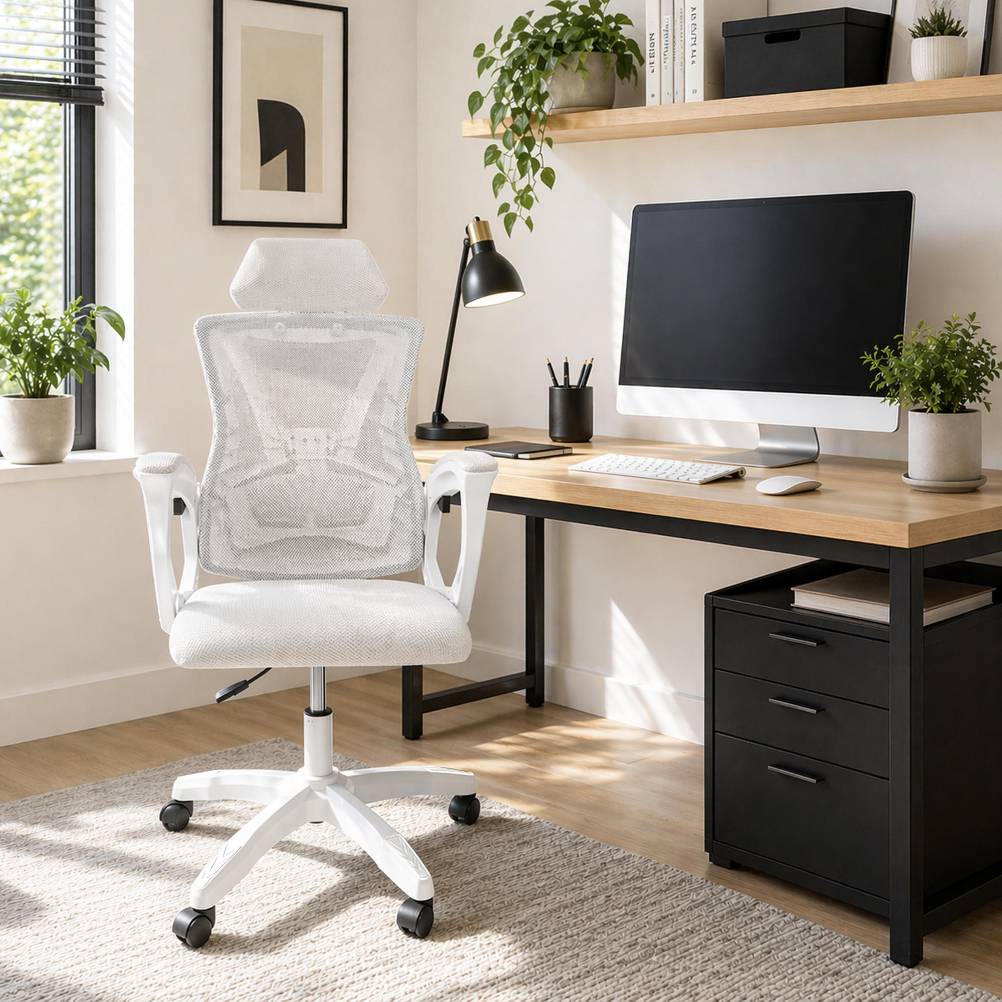 Una silla de oficina blanca frente a un escritorio con computadora, lámpara y plantas.