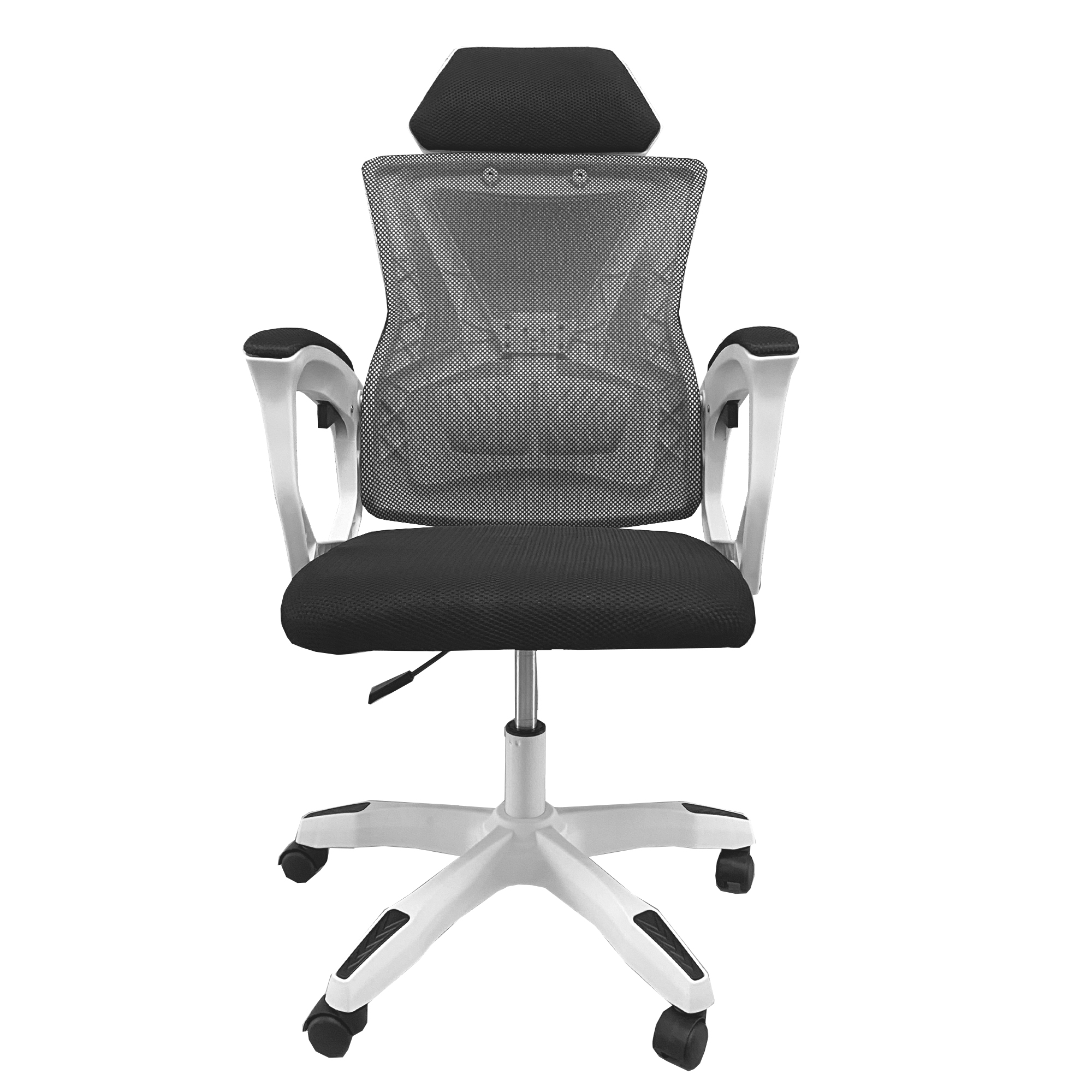 Silla de oficina negra con respaldo de malla, reposacabezas y base blanca con ruedas.
