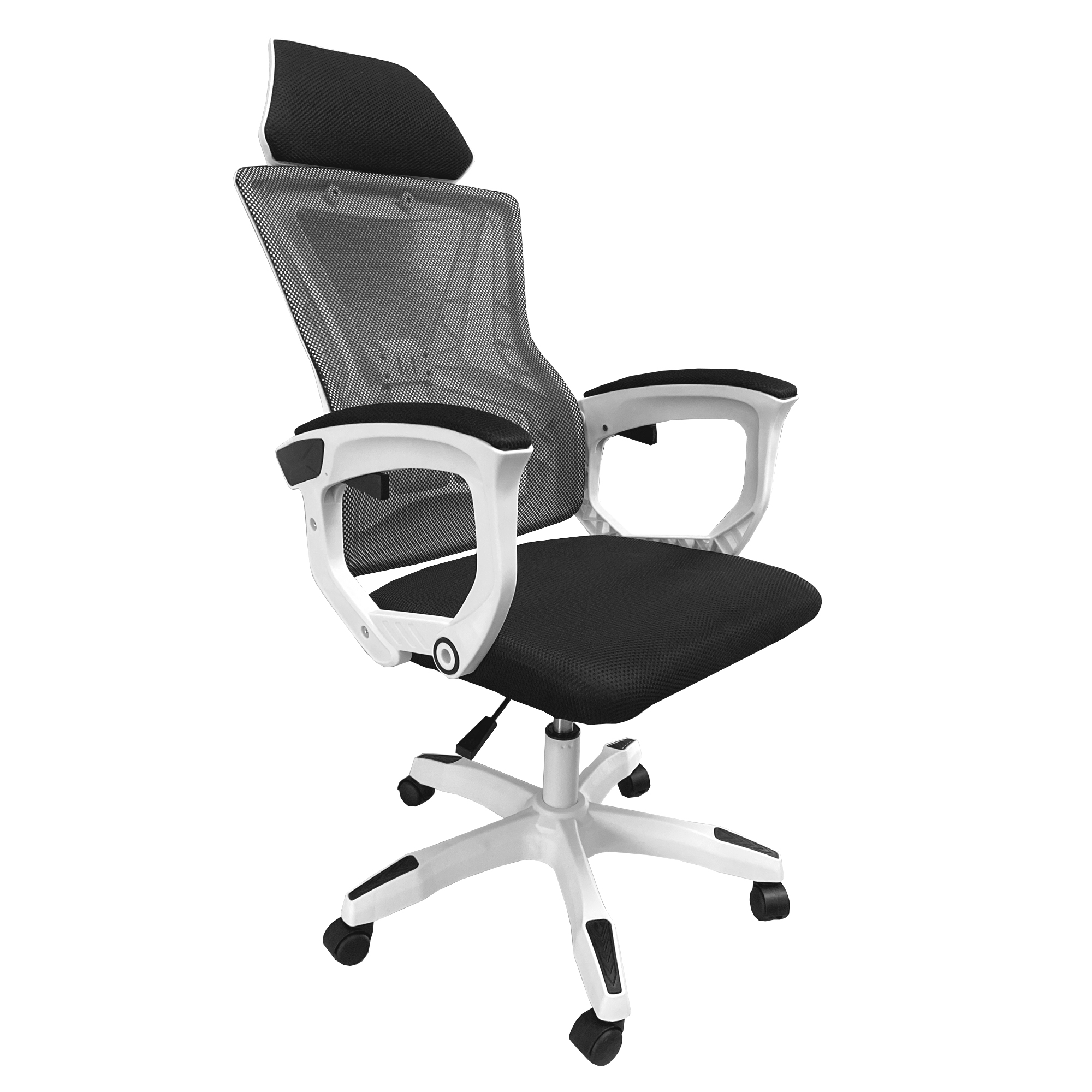 Silla de oficina negra con marco blanco y respaldo de malla, con ruedas.