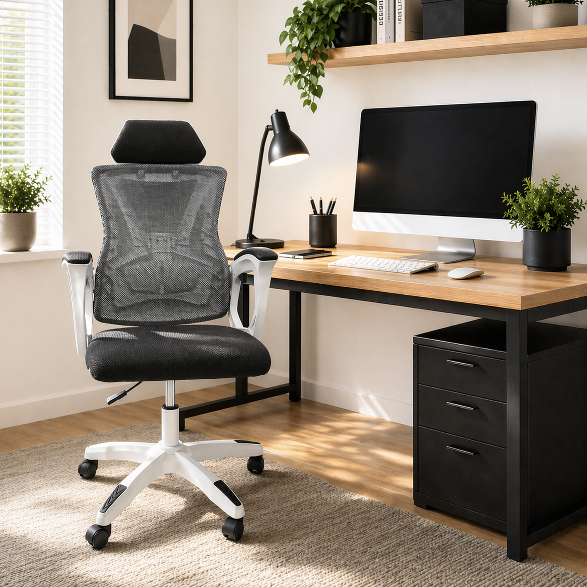 Una silla de oficina moderna frente a un escritorio con computadora, lámpara y plantas.