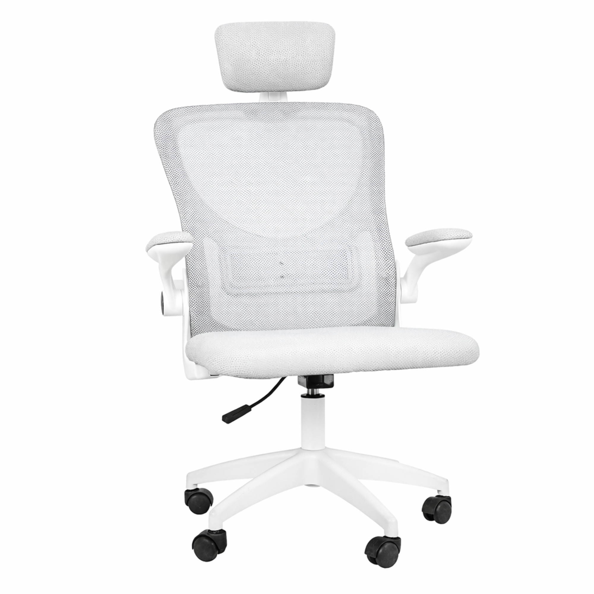 Una silla de oficina blanca con respaldo de malla y reposabrazos ajustables.