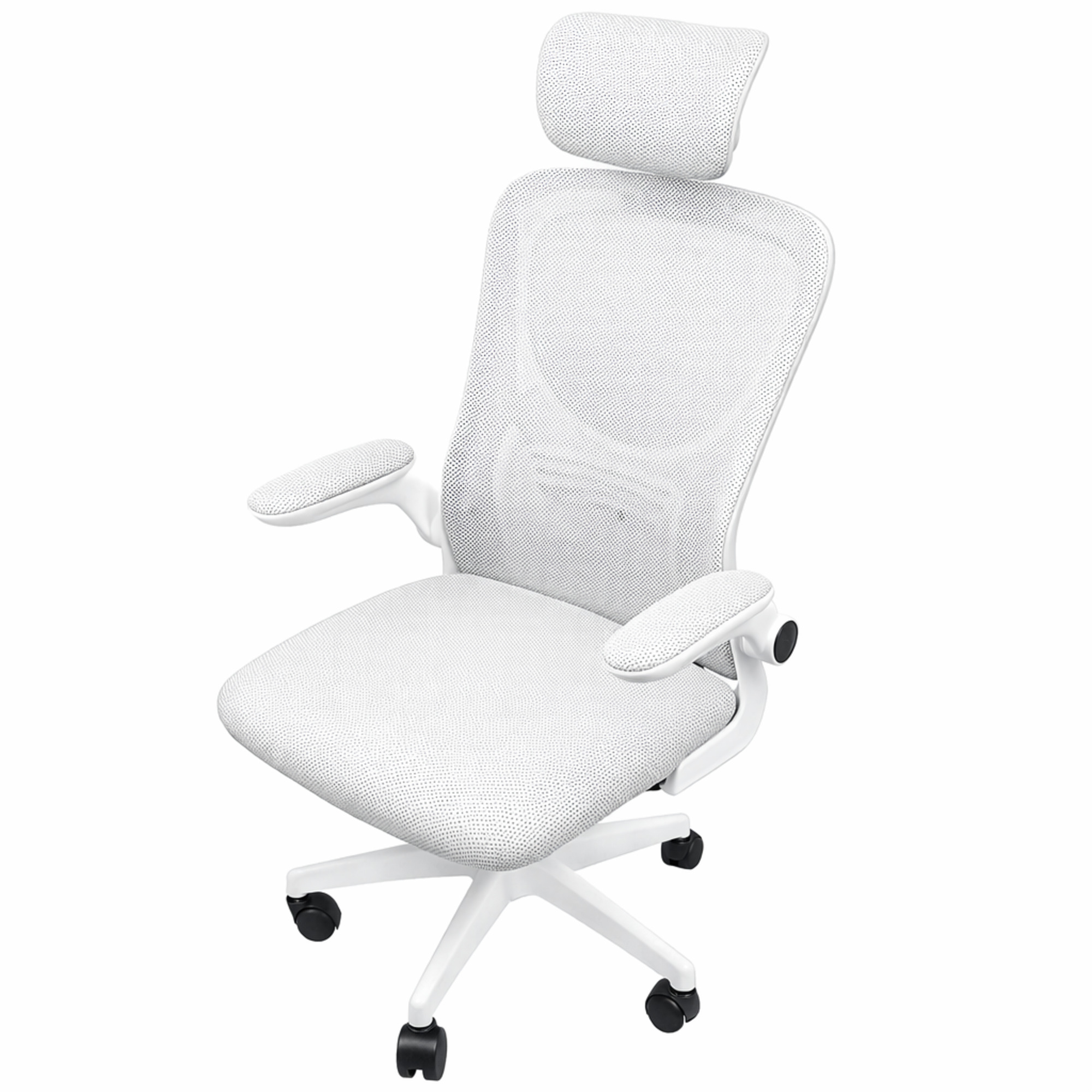 Una silla de oficina blanca con respaldo de malla, brazos ajustables y ruedas.