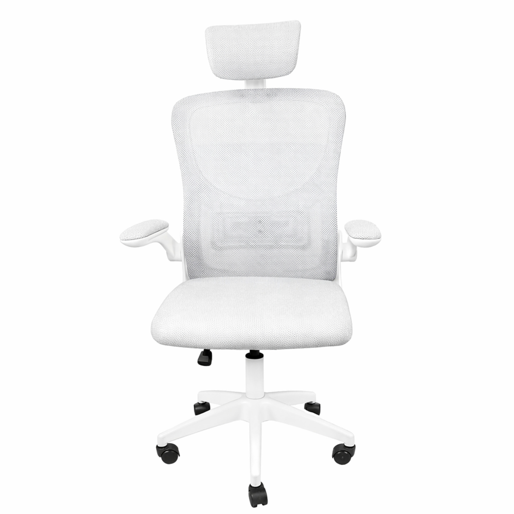 Una silla de oficina blanca con respaldo de malla, reposacabezas y reposabrazos.