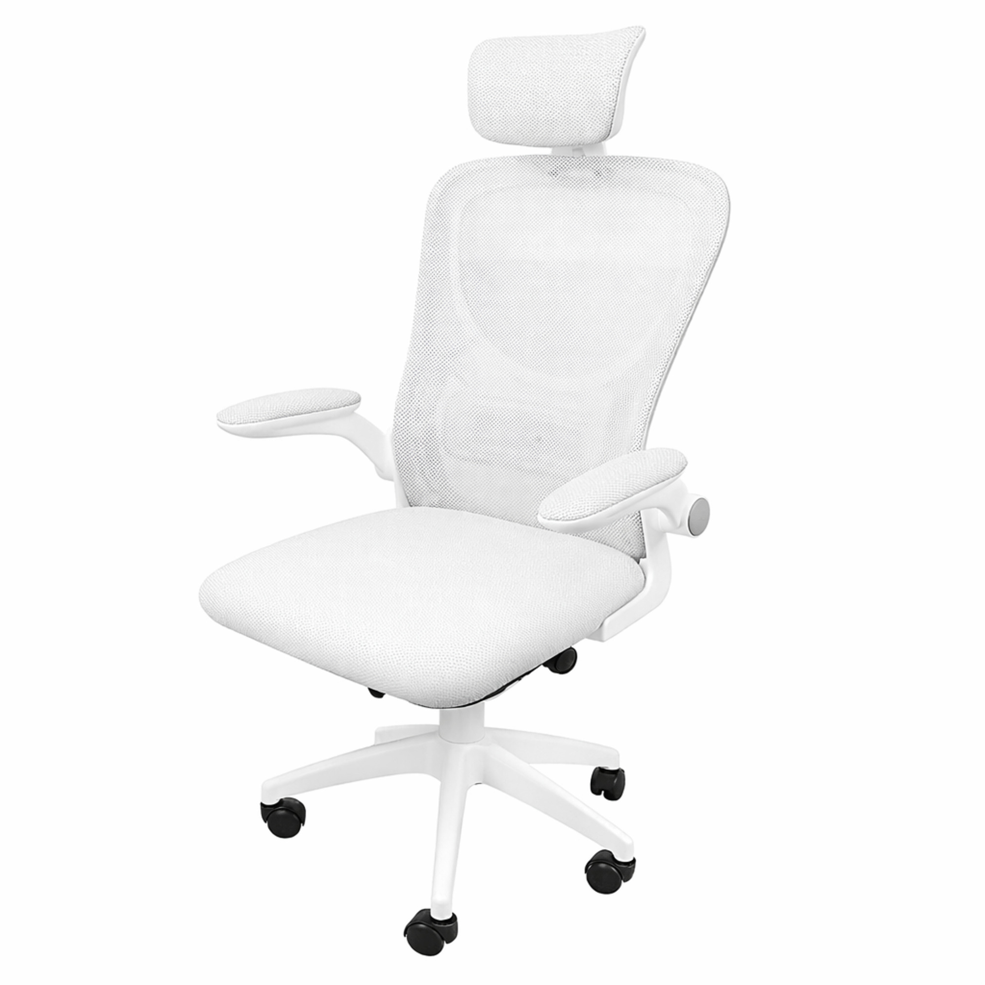 Una silla de oficina blanca con respaldo de malla, reposabrazos ajustables y ruedas.