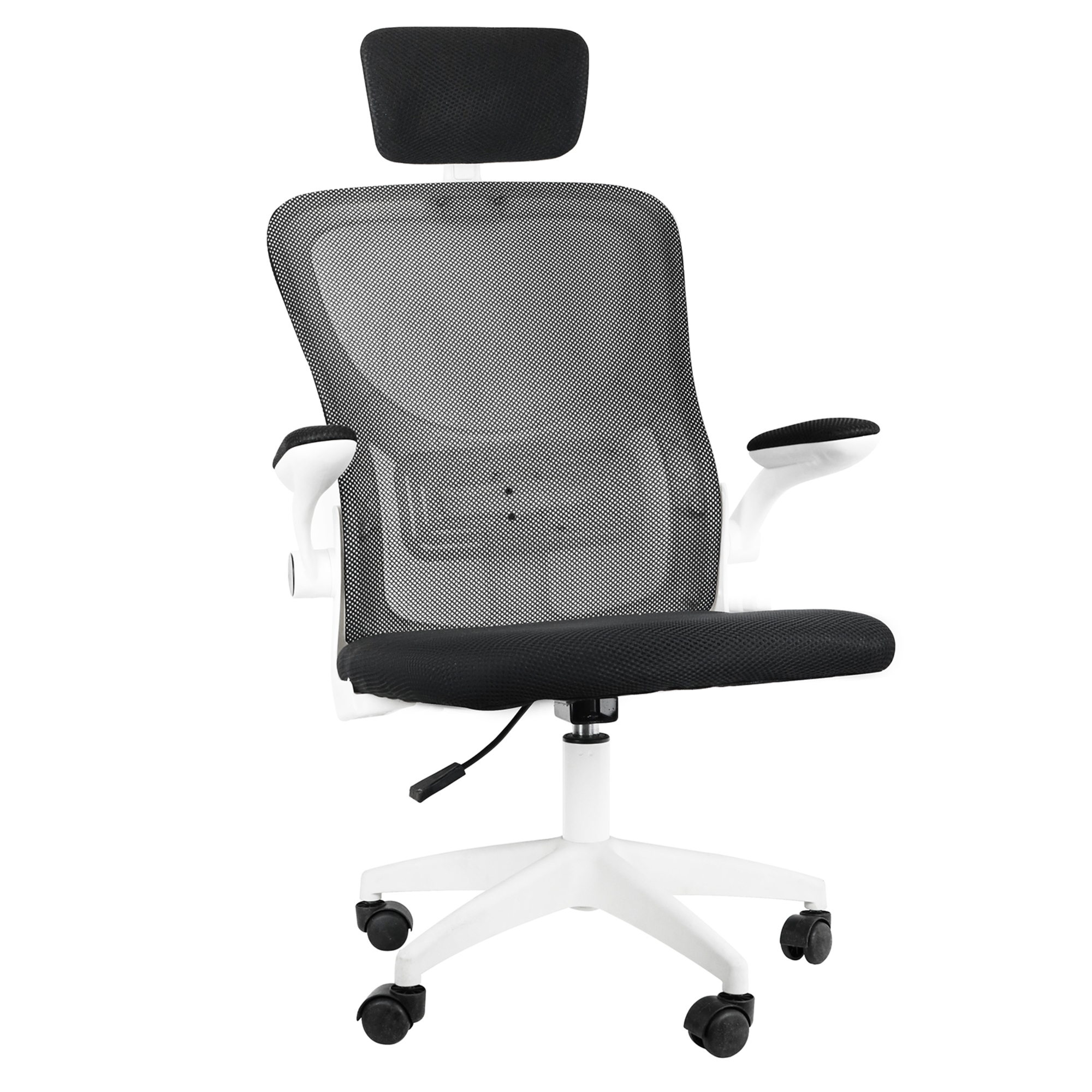 Silla de oficina de malla negra con base blanca y brazos ajustables.