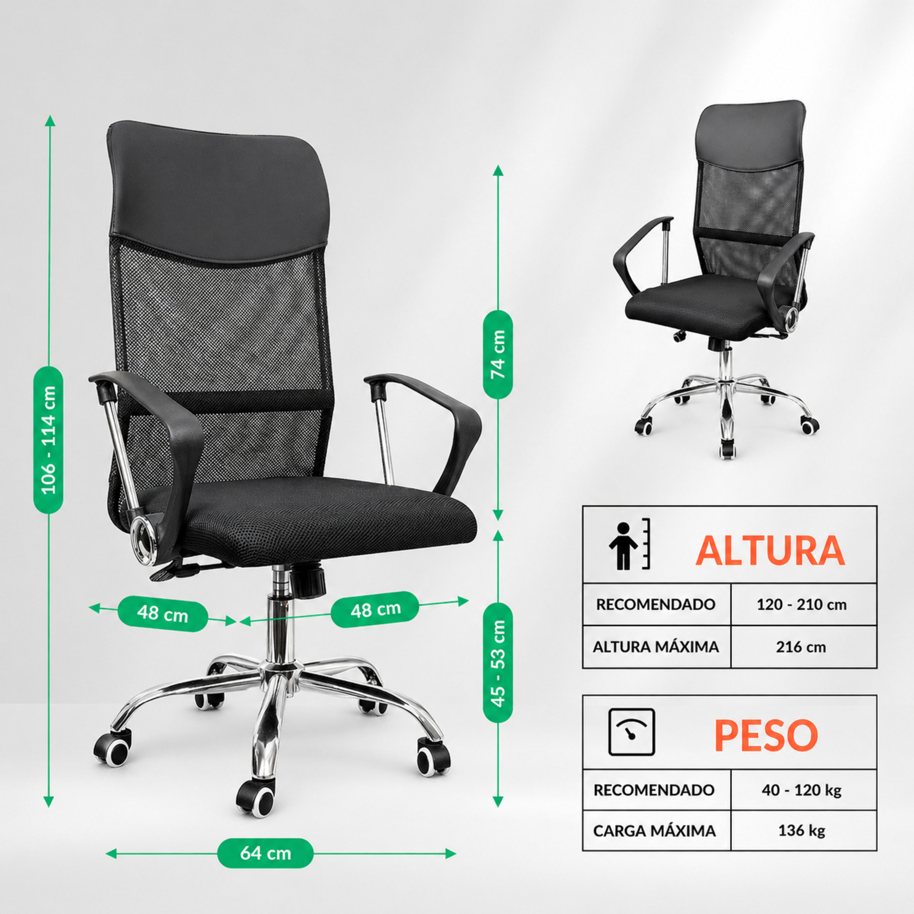 Silla de oficina negra con dimensiones: alto 106-114 cm, ancho 48 cm, fondo 45-53 cm.