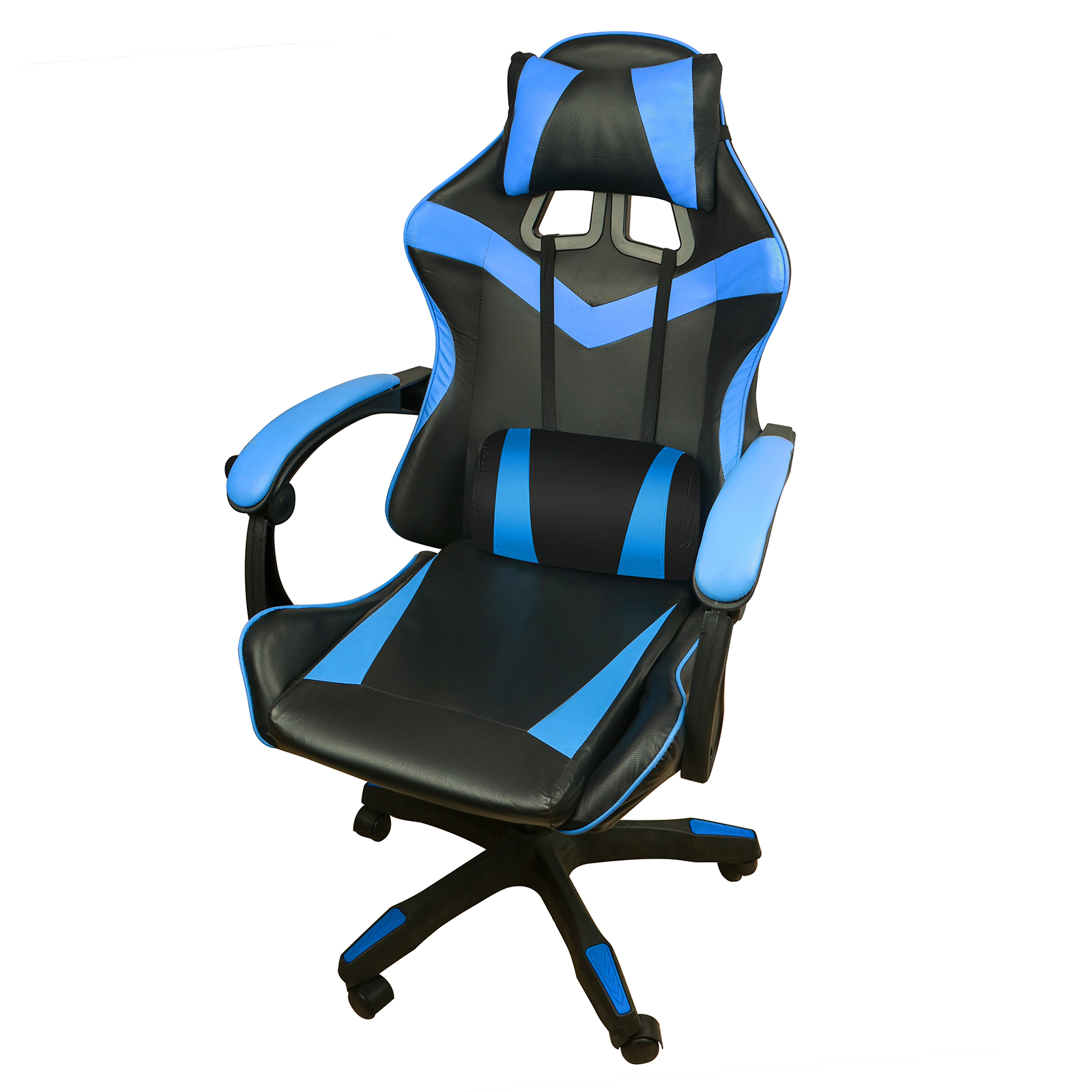 Una silla gamer negra y azul con reposabrazos y cojines ajustables.