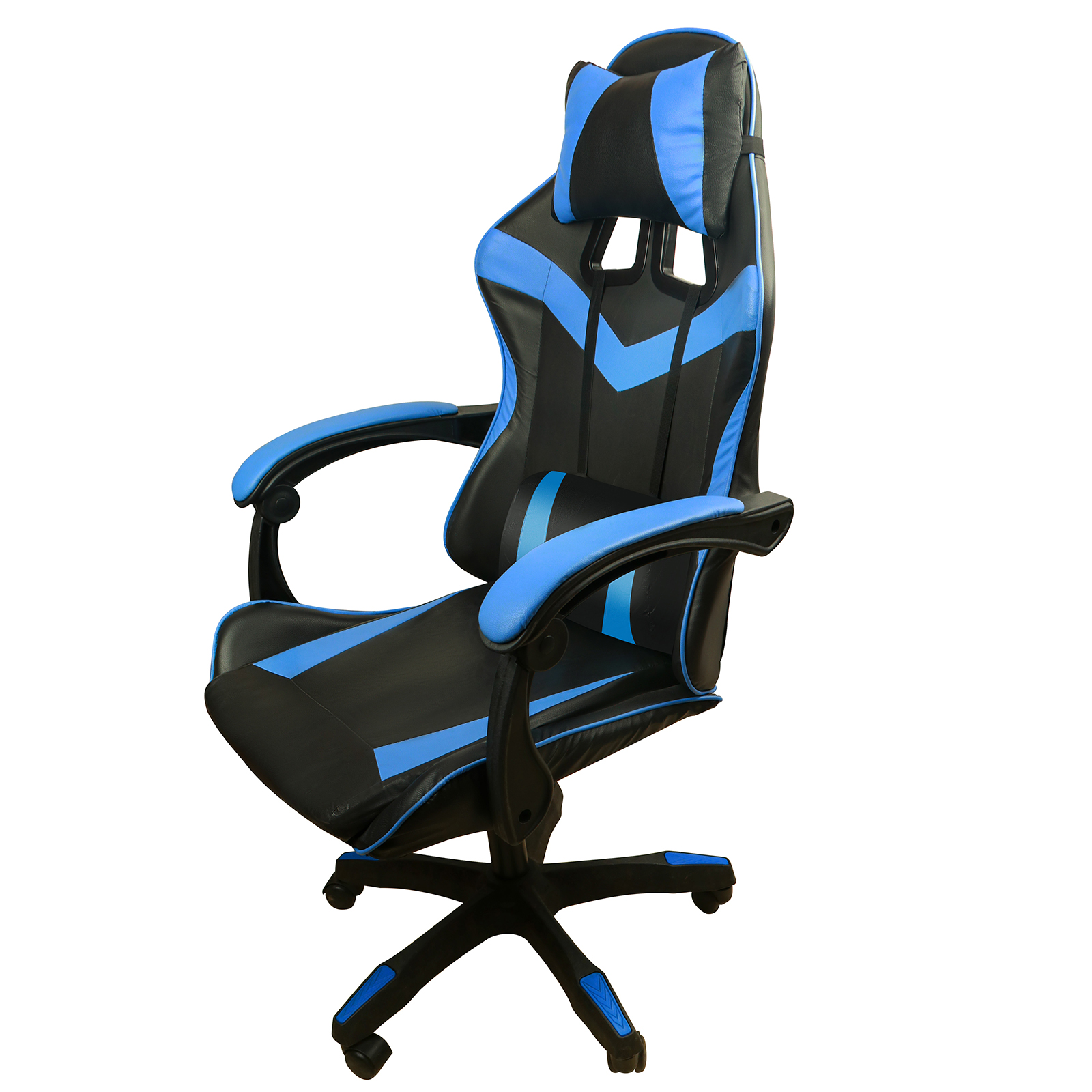 Silla gamer negra con detalles azules y reposacabezas ajustable.