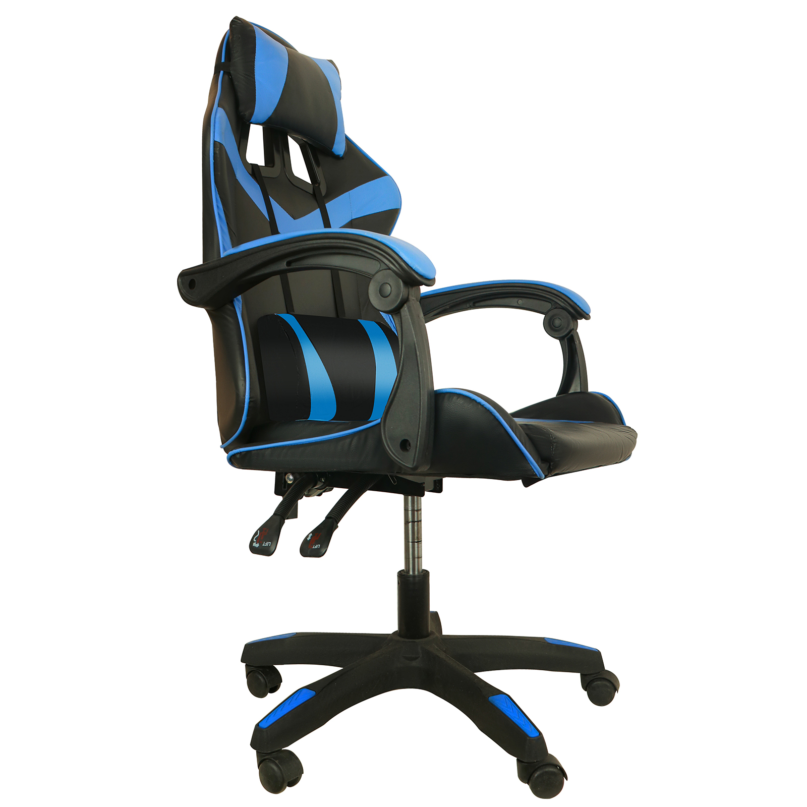Una silla gamer negra con detalles azules, sobre una base con ruedas.