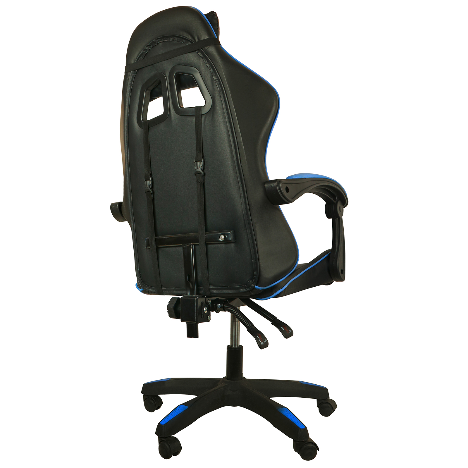 Silla gamer negra con acentos azules, vista desde atrás.