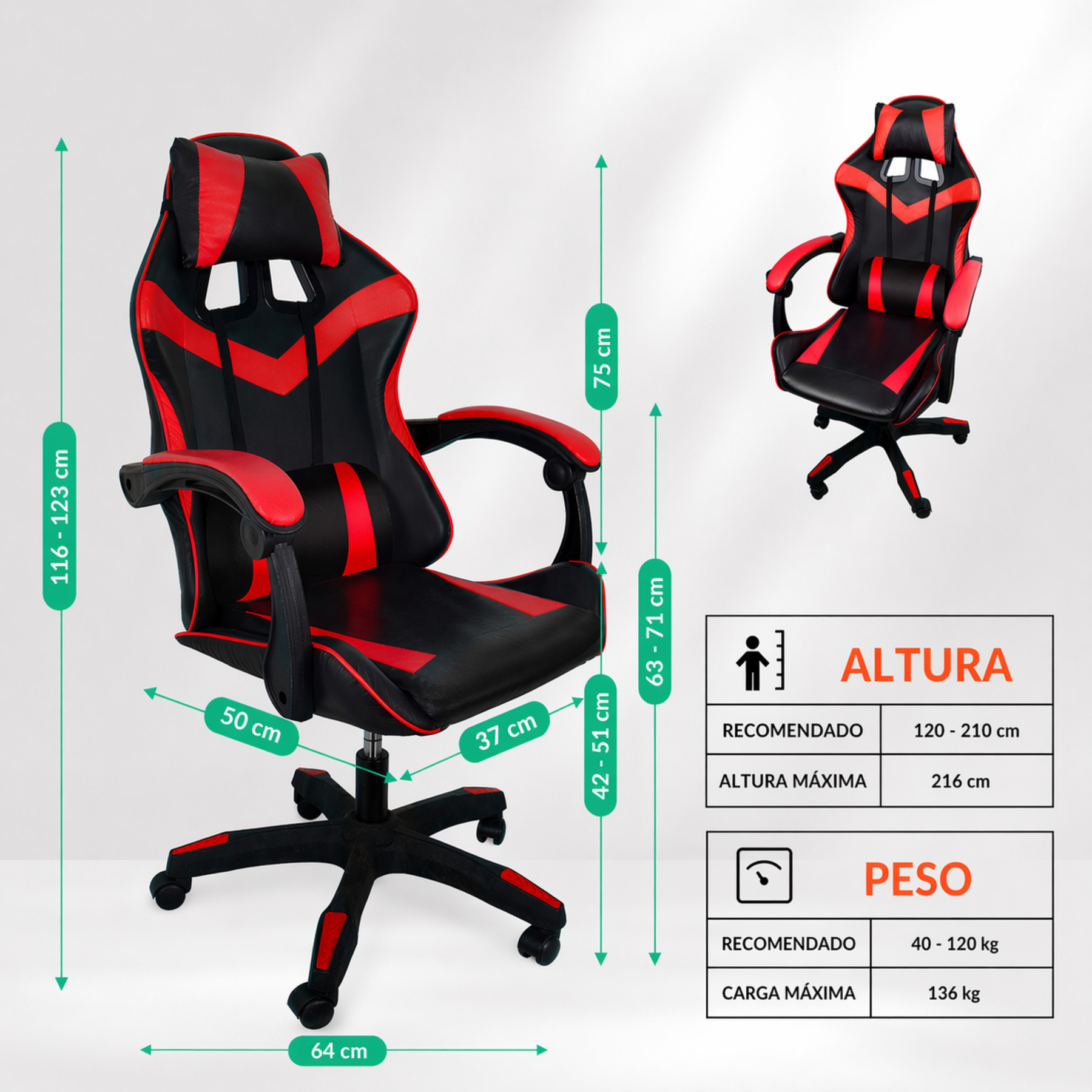 Una silla gamer negra y roja con dimensiones y límites de peso.