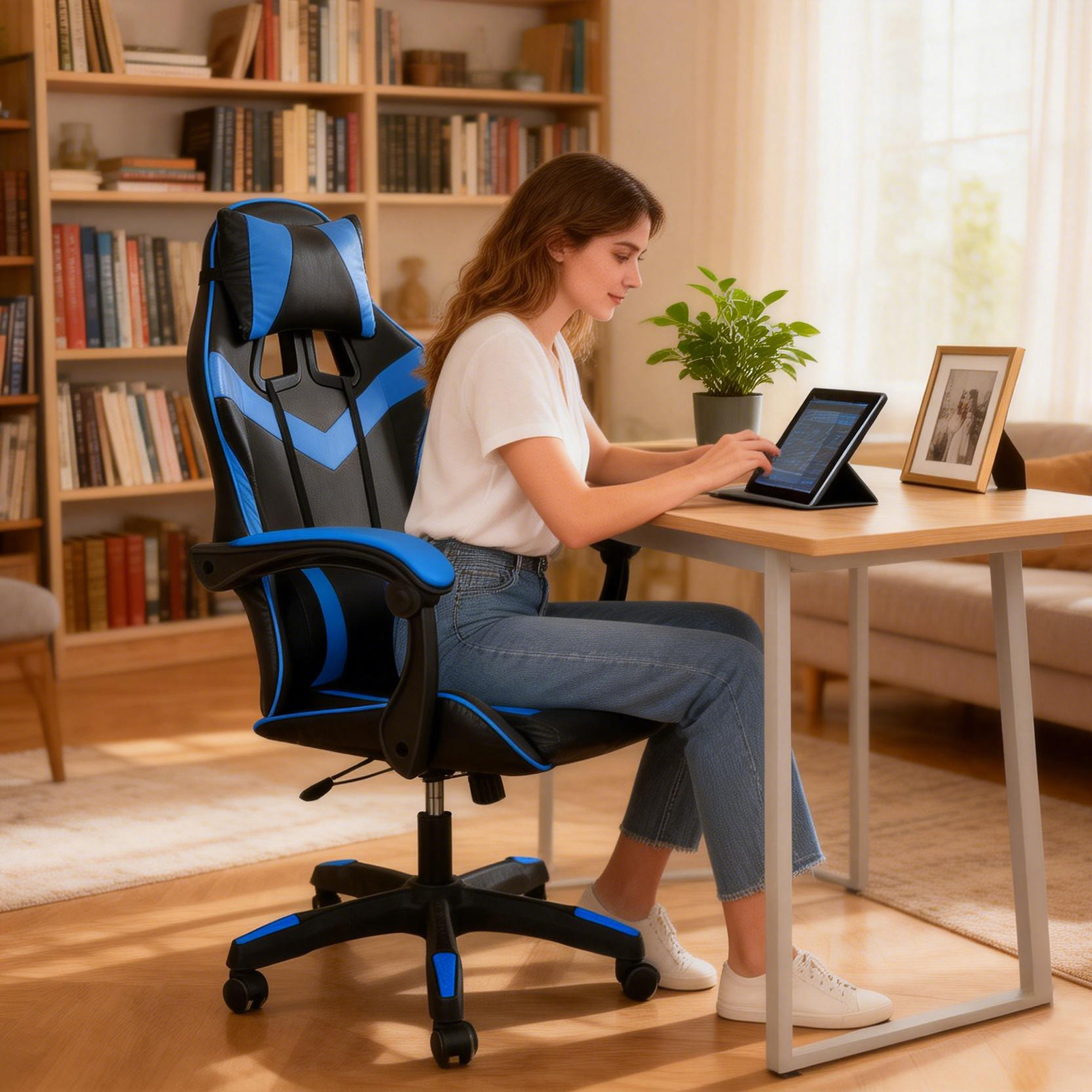 Una mujer con jeans y camisa blanca se sienta en un escritorio, usando una tableta. Una silla gamer está a su lado.