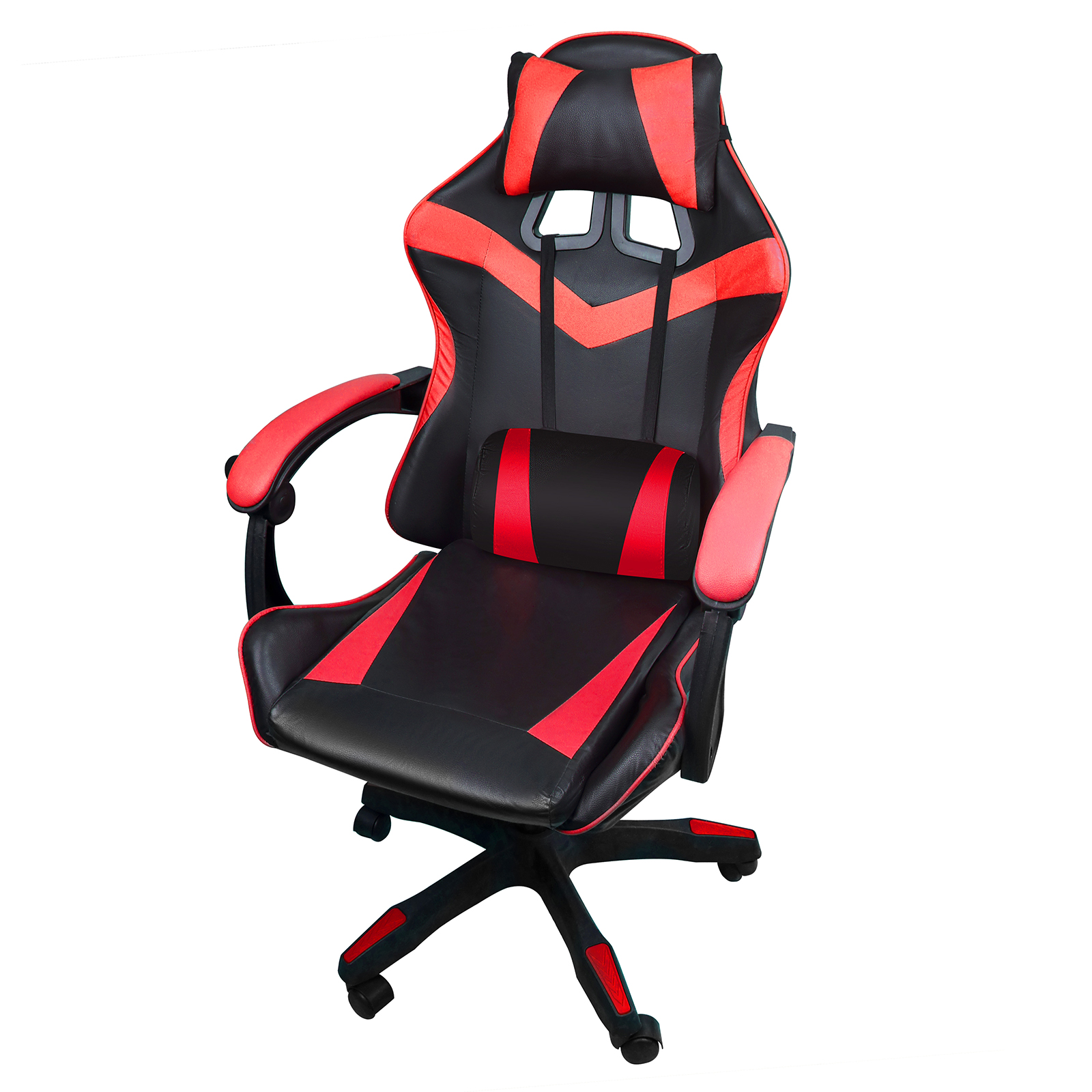 Una silla gamer negra y roja con reposacabezas y cojín lumbar.