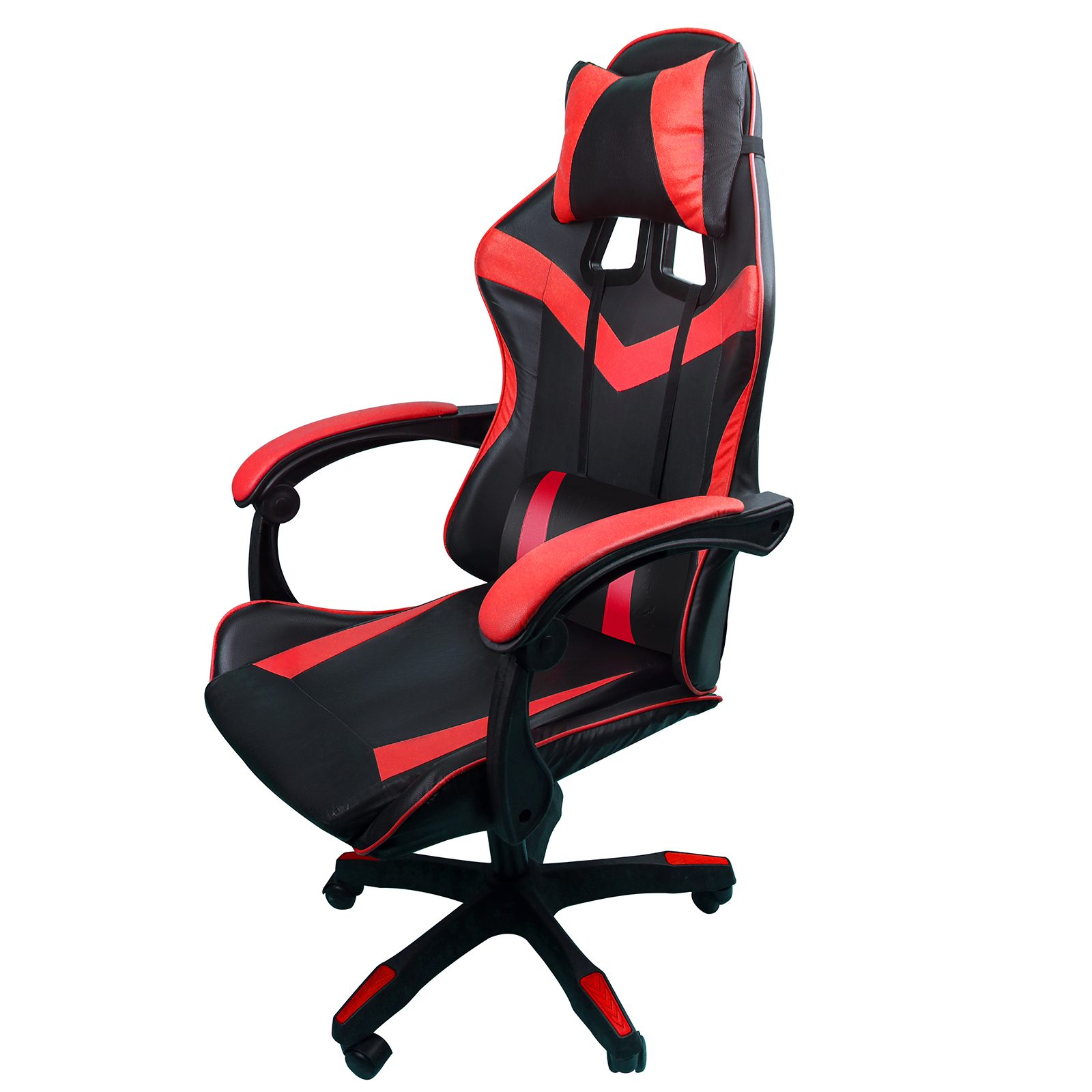 Silla gamer negra con detalles rojos, reposacabezas y cojín lumbar.