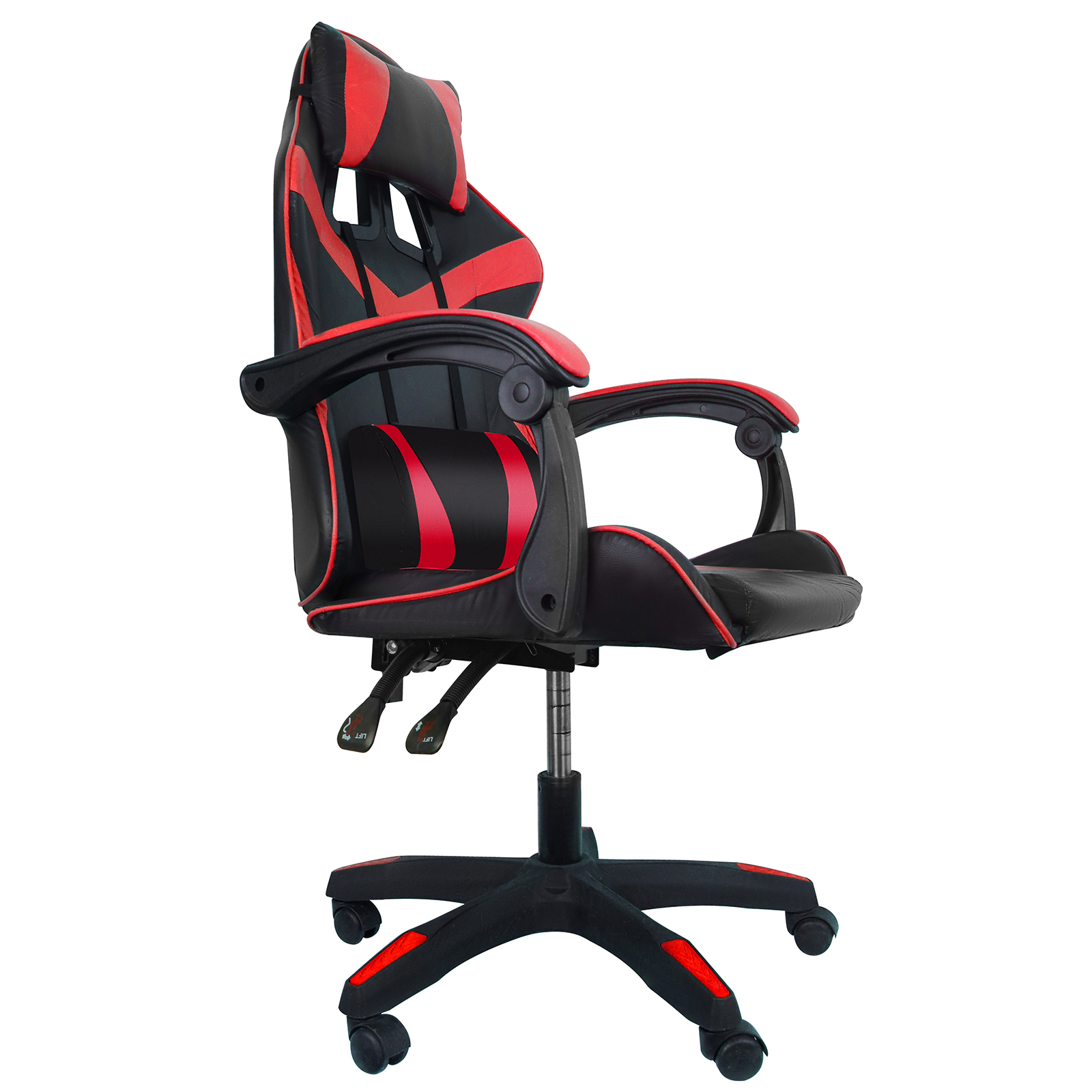 Silla gamer negra con detalles rojos, reposabrazos y reposacabezas ajustables.