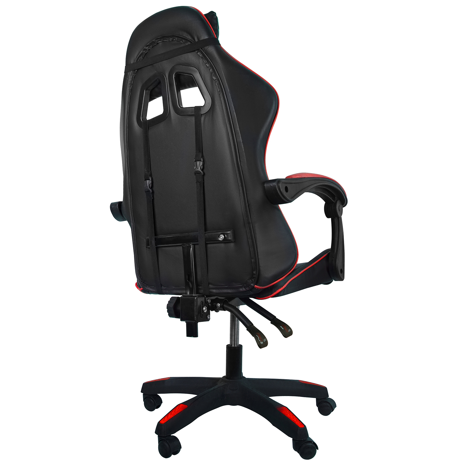 Silla gaming negra con detalles rojos, vista desde atrás.