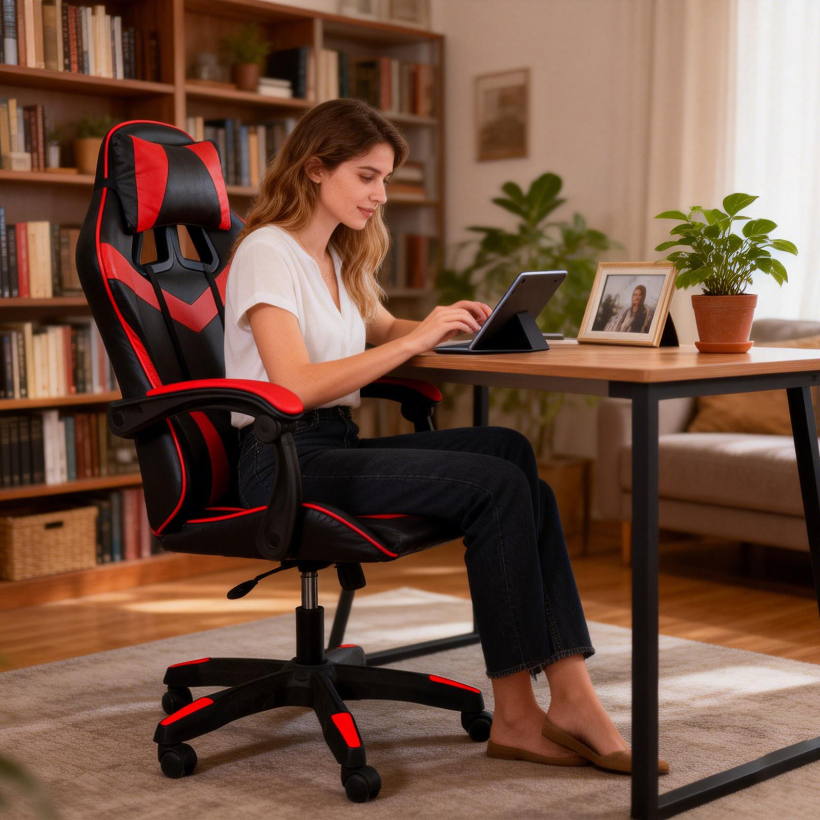 Una mujer se sienta en un escritorio escribiendo en una tableta. Una silla gamer está a su lado.