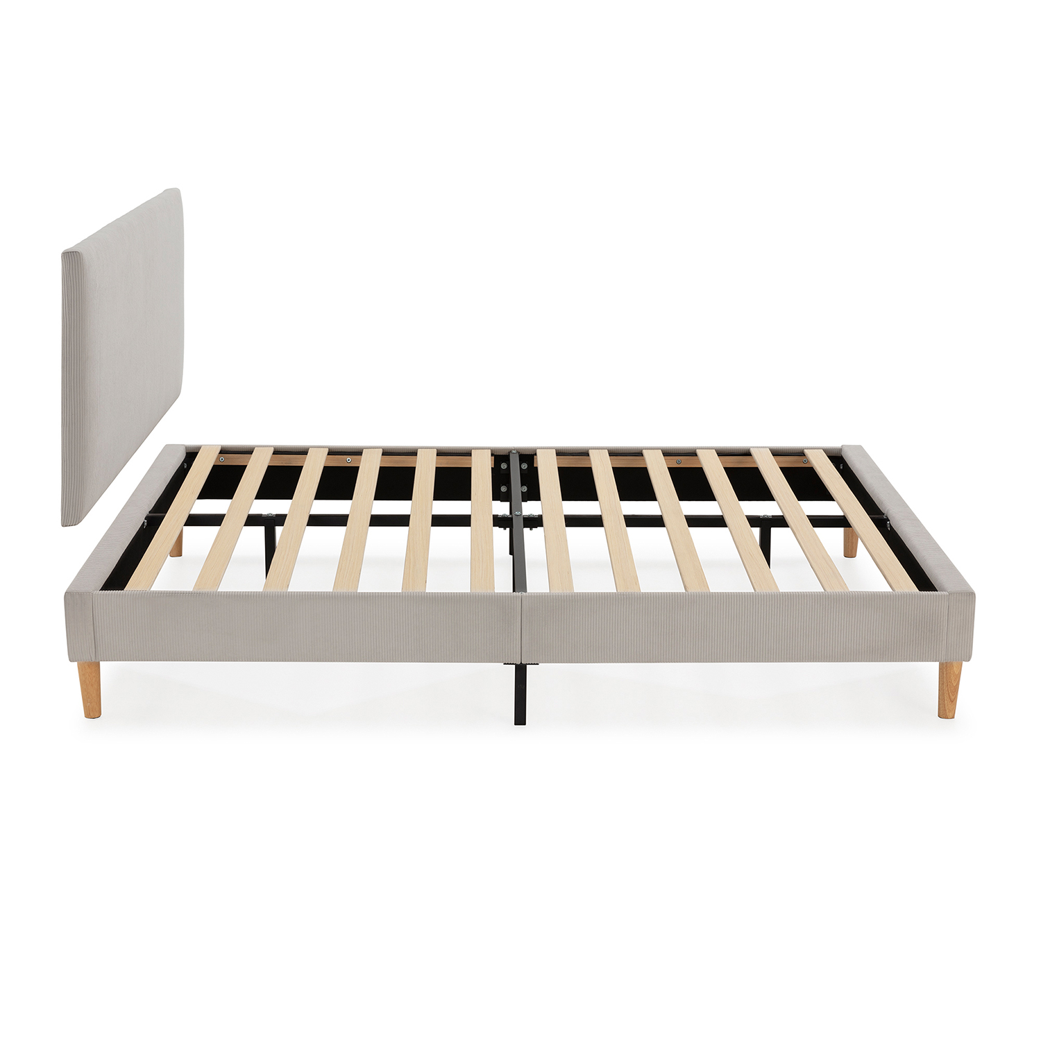 Una base de cama gris con somier de listones y cabecero acolchado.