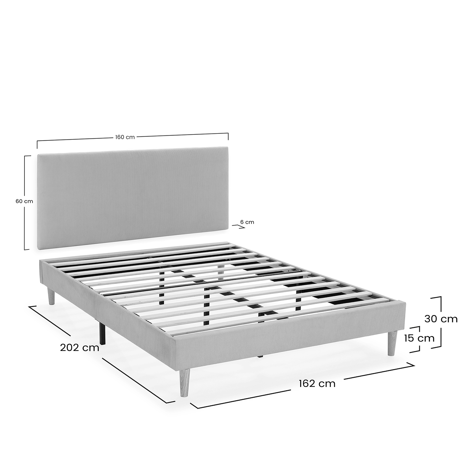 Una base de cama gris con somier y dimensiones.