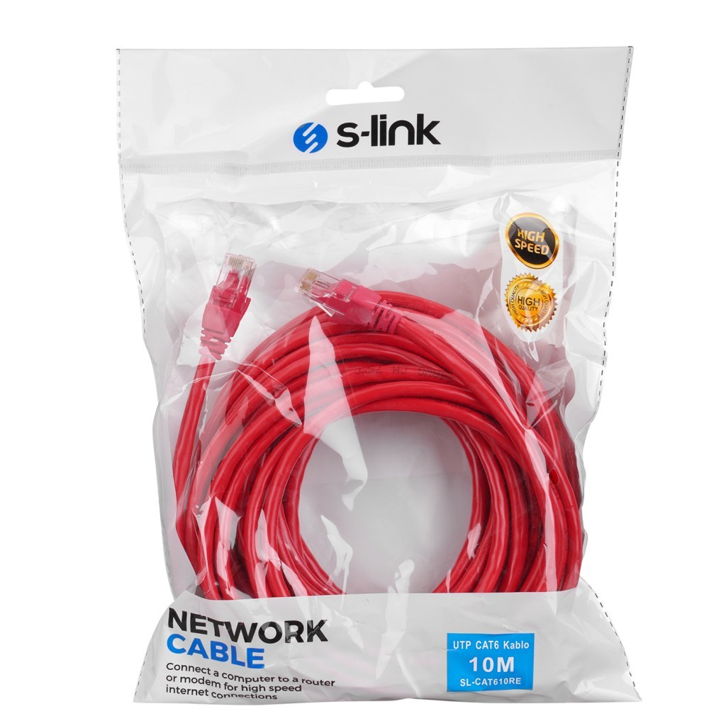 S-link ambalajında iki RJ45 konektörlü kırmızı ağ kablosu.