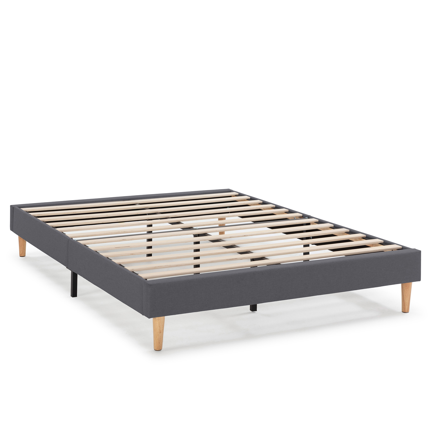 Un somier gris oscuro con listones de madera y cuatro patas de madera.