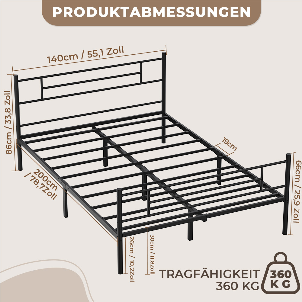 Schwarzer Metallbettrahmen mit Maßen und Tragfähigkeitsangabe.