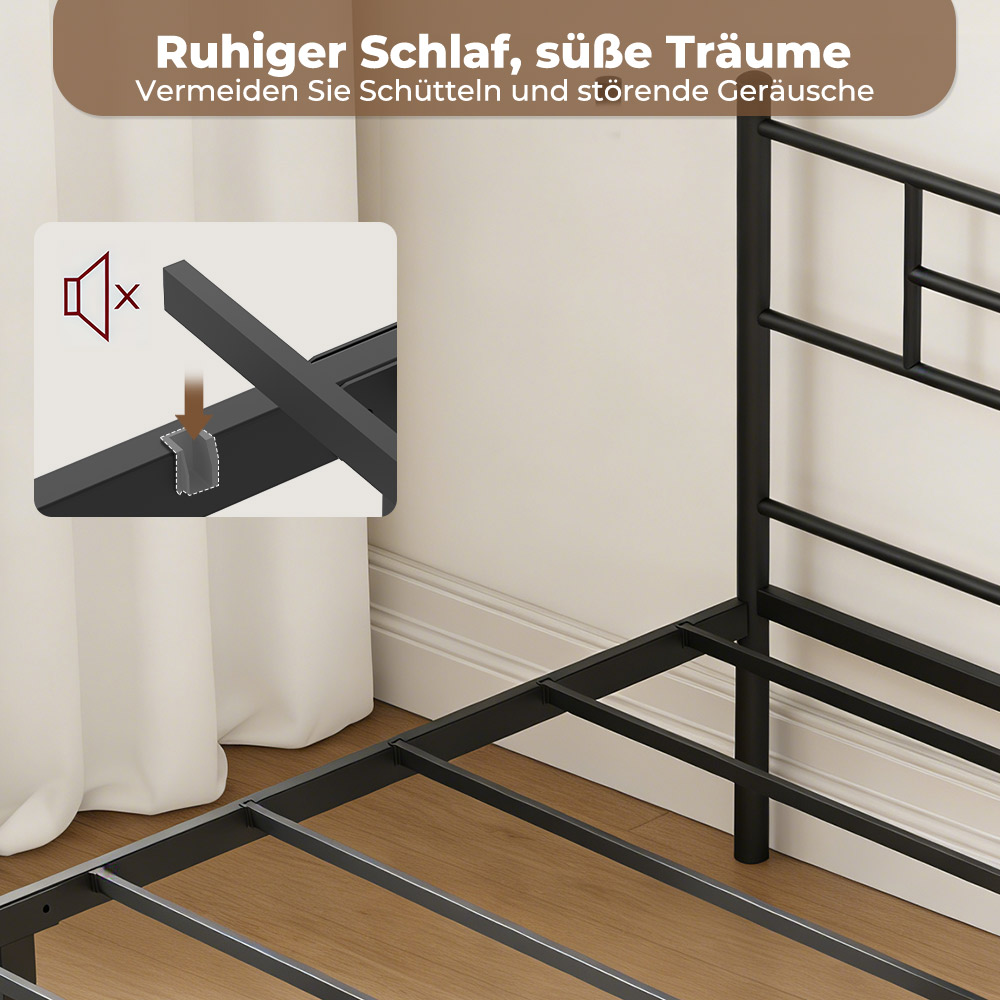 Schwarzer Metallbettrahmen mit Schaumstoffpolstern an den Beinen zur Geräuschreduzierung.