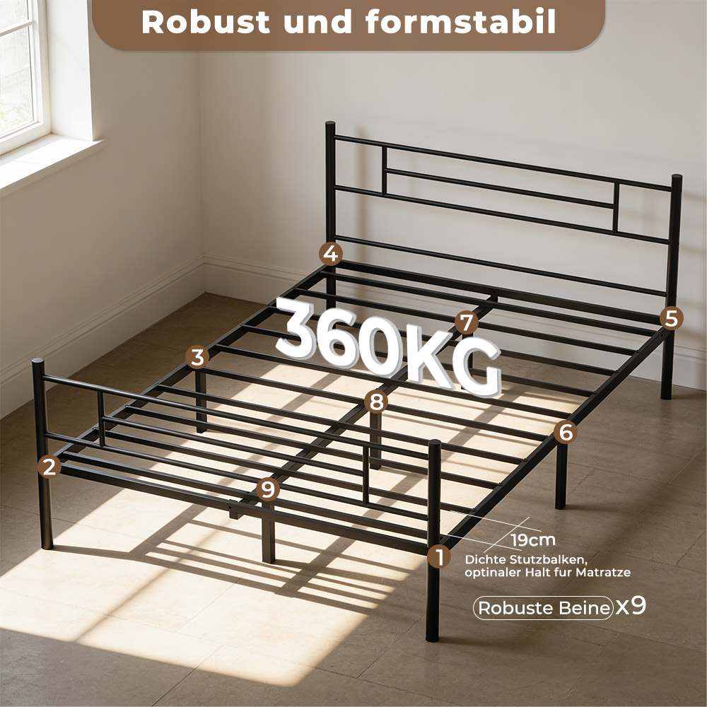 Schwarzer Metall-Bettenrahmen mit 360KG Tragfähigkeit, robust und stabil.