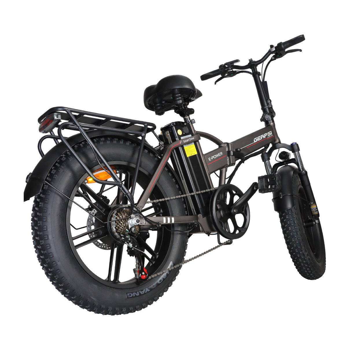 Czarny rower elektryczny fat-tire z bagażnikiem i amortyzowanym widelcem, na białym tle.